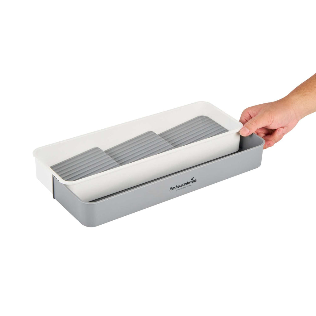 Clean Tek Professional Gray and White Plastic Expandable 3-Tier Spice Drawer Organizer - 15 1/2" x 5 1/2" x 2 1/4" - 1 count box