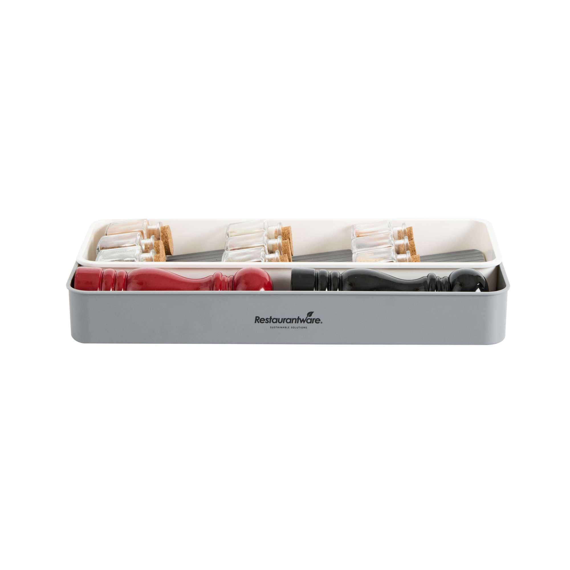 Clean Tek Professional Gray and White Plastic Expandable 3-Tier Spice Drawer Organizer - 15 1/2" x 5 1/2" x 2 1/4" - 1 count box
