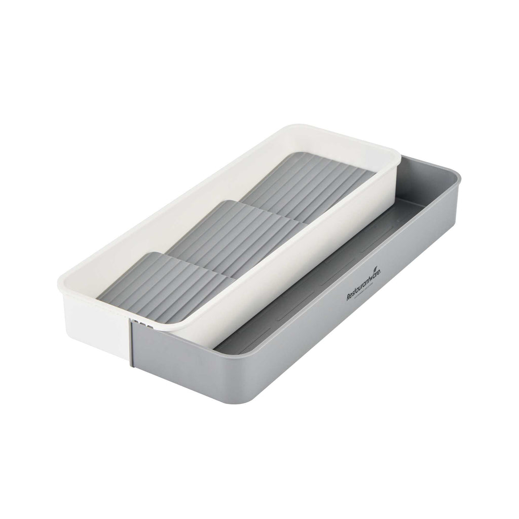 Clean Tek Professional Gray and White Plastic Expandable 3-Tier Spice Drawer Organizer - 15 1/2" x 5 1/2" x 2 1/4" - 1 count box