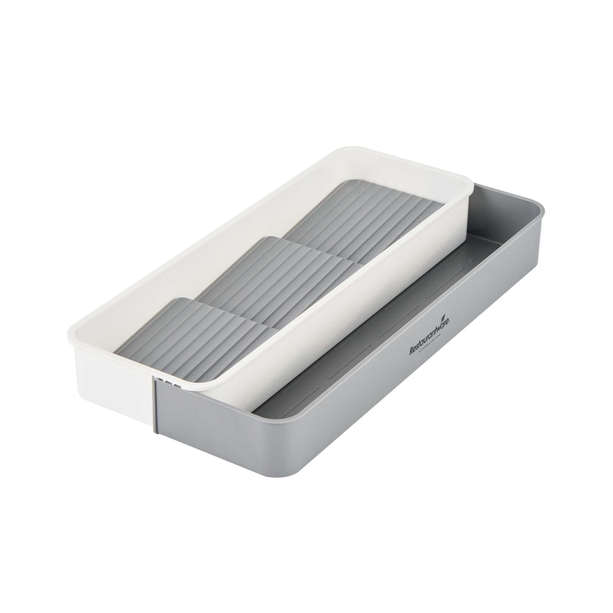 Clean Tek Professional Gray and White Plastic Expandable 3-Tier Spice Drawer Organizer - 15 1/2" x 5 1/2" x 2 1/4" - 1 count box