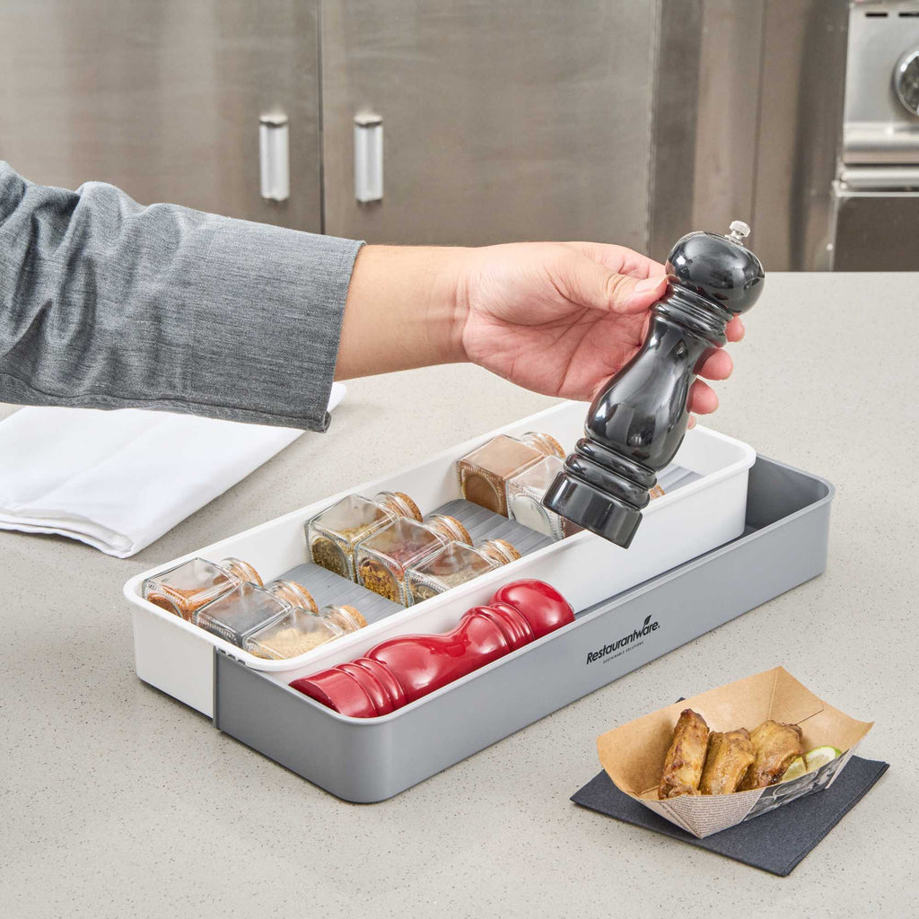 Clean Tek Professional Gray and White Plastic Expandable 3-Tier Spice Drawer Organizer - 15 1/2" x 5 1/2" x 2 1/4" - 1 count box