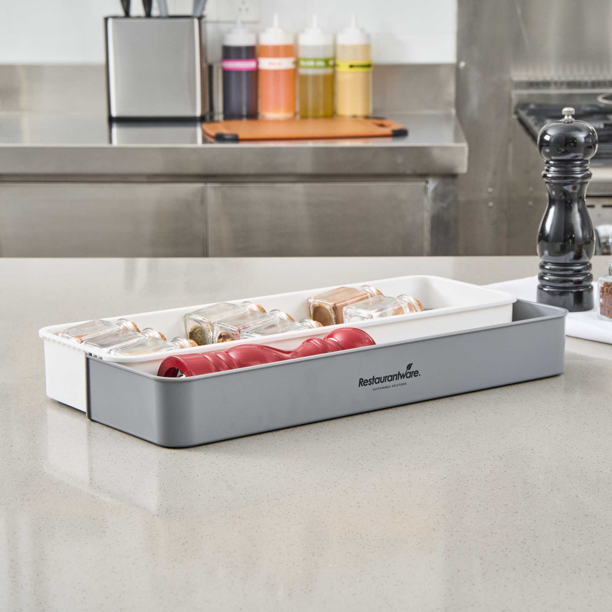 Clean Tek Professional Gray and White Plastic Expandable 3-Tier Spice Drawer Organizer - 15 1/2" x 5 1/2" x 2 1/4" - 1 count box