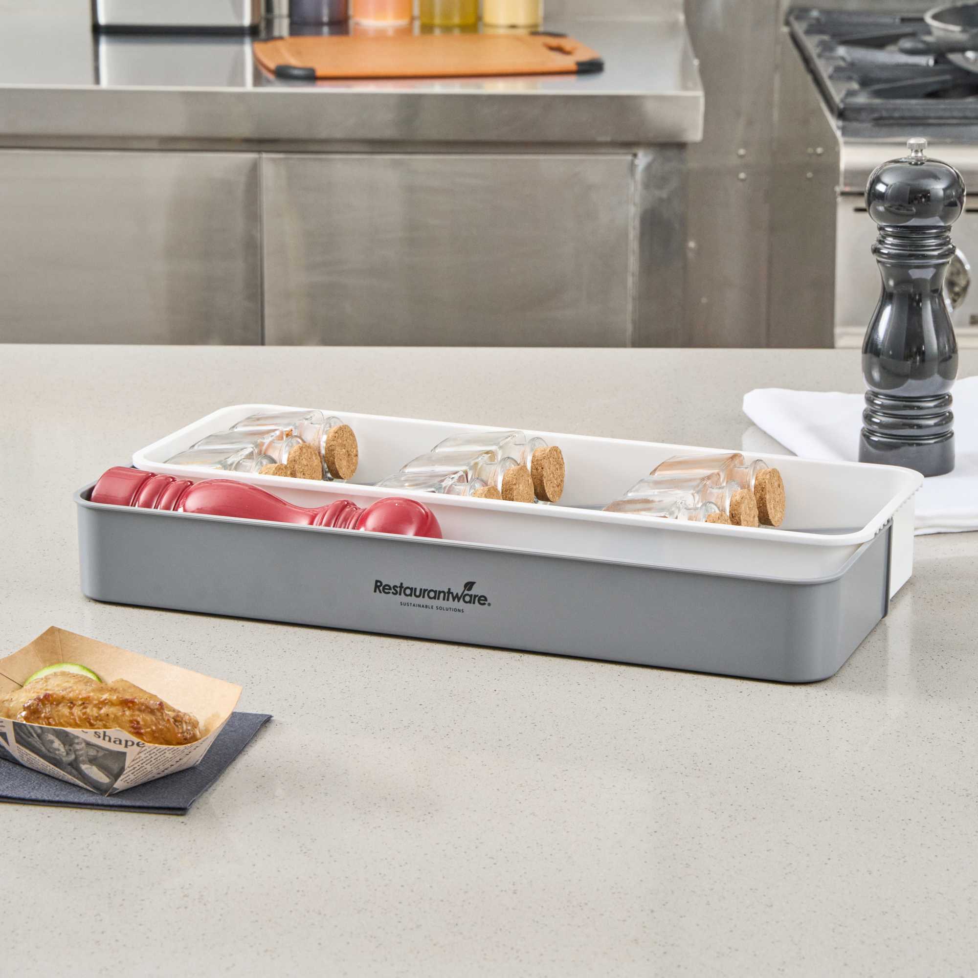 Clean Tek Professional Gray and White Plastic Expandable 3-Tier Spice Drawer Organizer - 15 1/2" x 5 1/2" x 2 1/4" - 1 count box