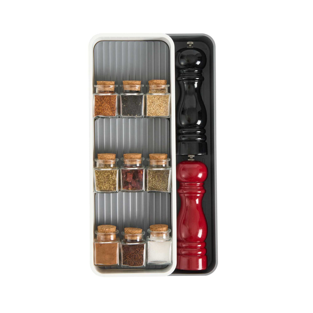 Clean Tek Professional Gray and White Plastic Expandable 3-Tier Spice Drawer Organizer - 15 1/2" x 5 1/2" x 2 1/4" - 12 count box