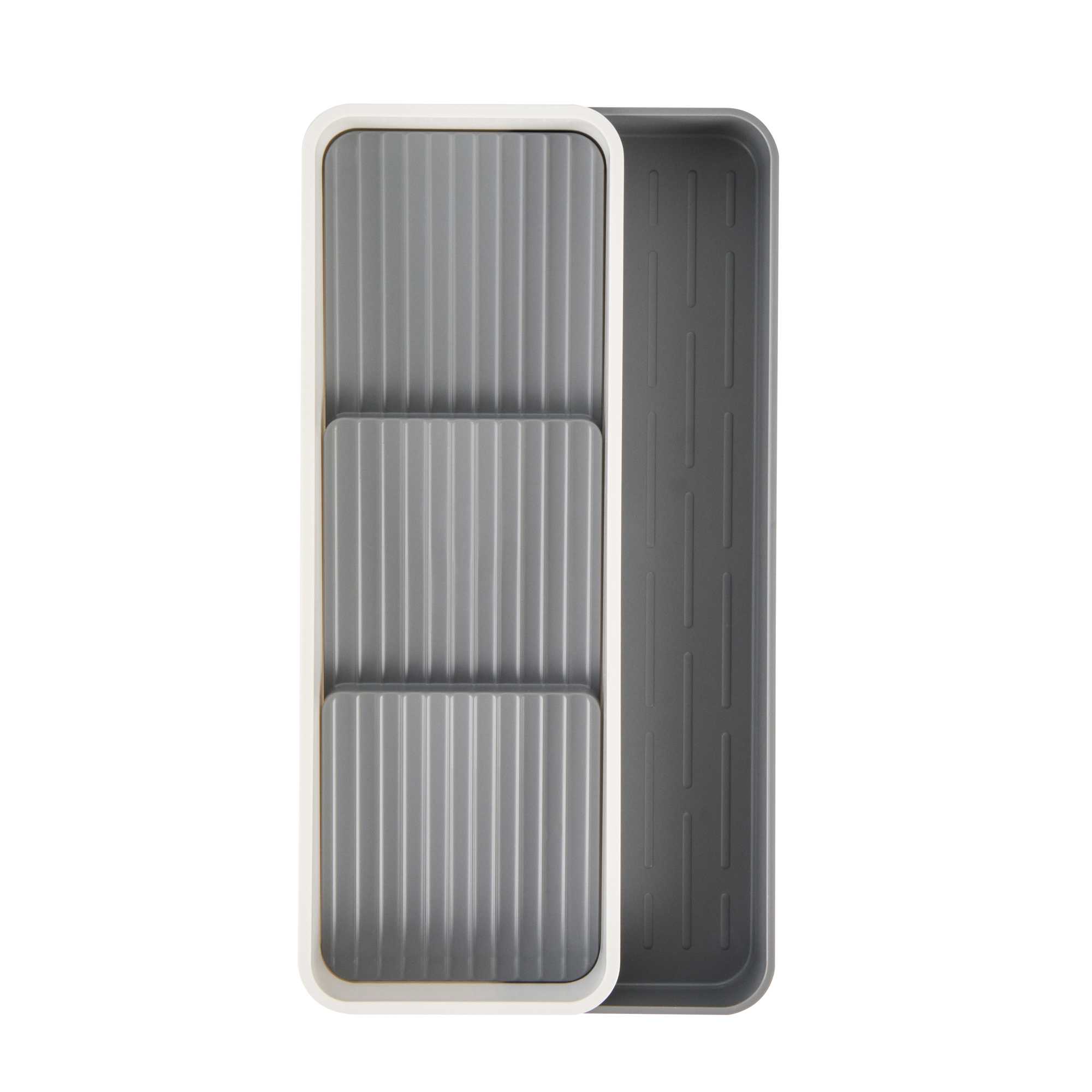 Clean Tek Professional Gray and White Plastic Expandable 3-Tier Spice Drawer Organizer - 15 1/2" x 5 1/2" x 2 1/4" - 12 count box
