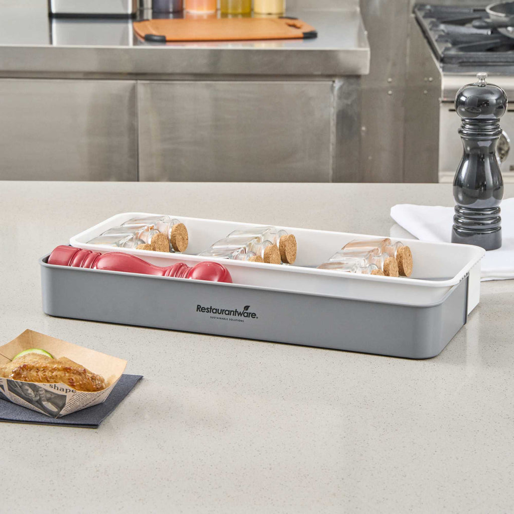 Clean Tek Professional Gray and White Plastic Expandable 3-Tier Spice Drawer Organizer - 15 1/2" x 5 1/2" x 2 1/4" - 12 count box