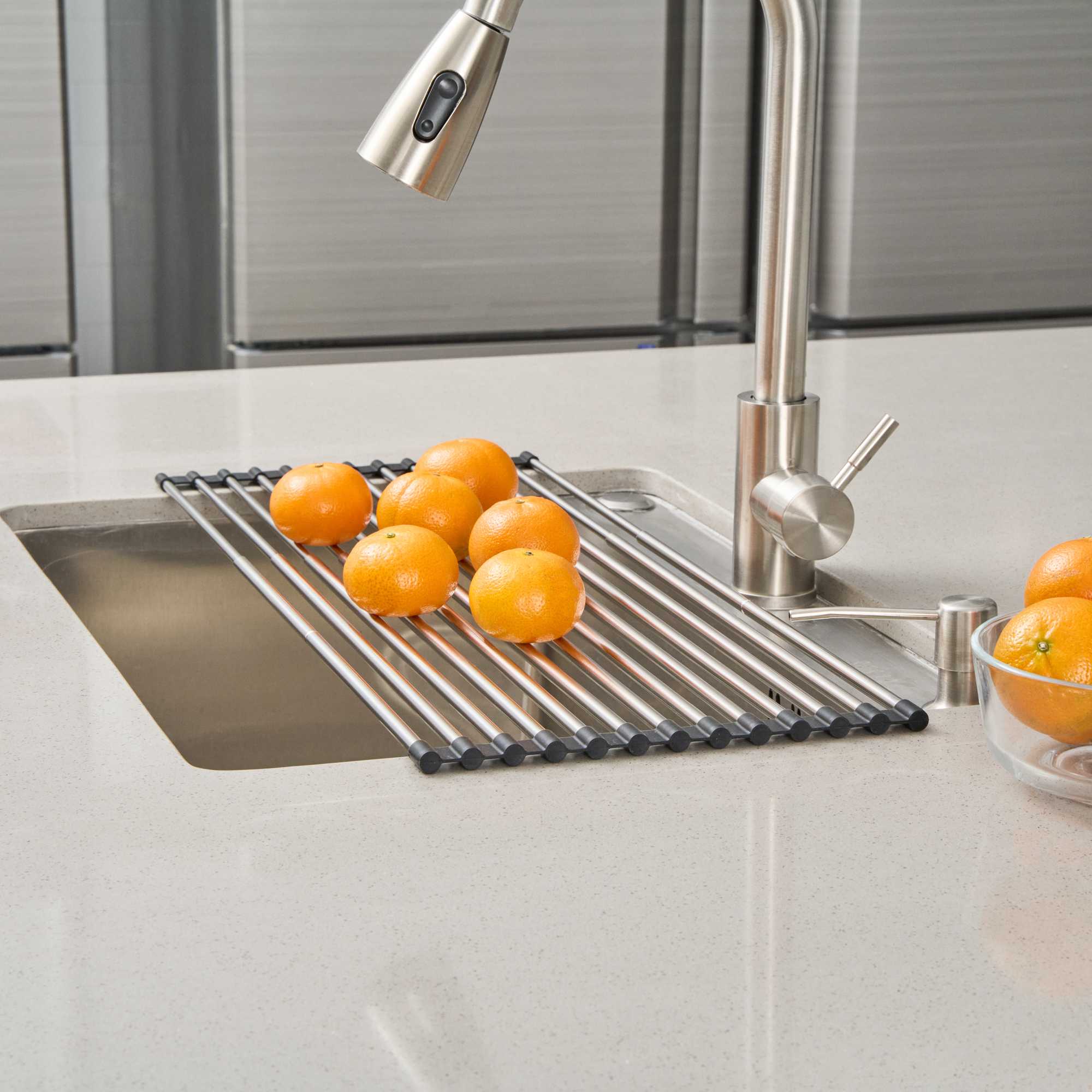 Clean Tek Professional Gray Stainless Steel Over-Sink Roll-Up Drying Rack - Extendable, Non-Slip - 15 3/4" x 9 1/2" - 1 count box