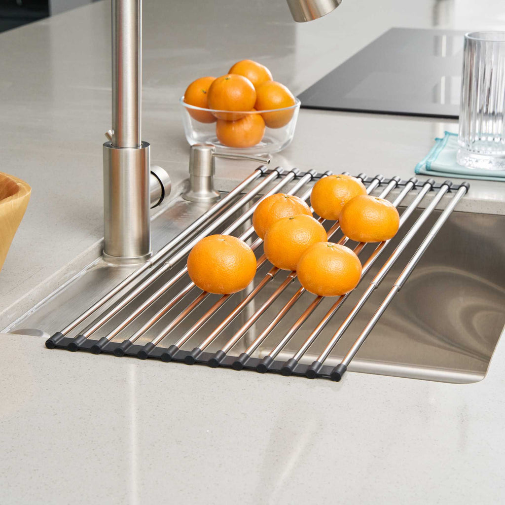 Clean Tek Professional Gray Stainless Steel Over-Sink Roll-Up Drying Rack - Extendable, Non-Slip - 15 3/4" x 9 1/2" - 1 count box