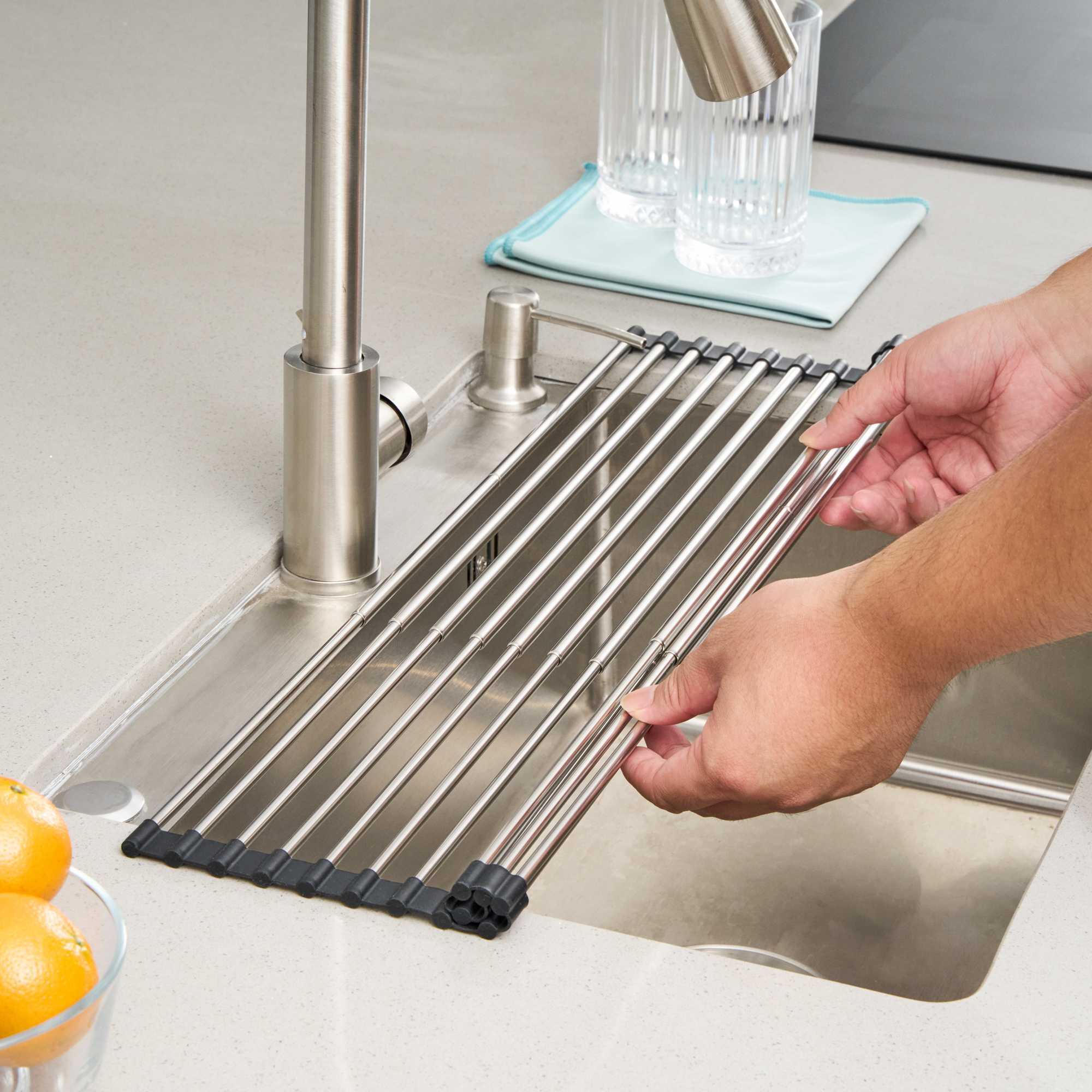 Clean Tek Professional Gray Stainless Steel Over-Sink Roll-Up Drying Rack - Extendable, Non-Slip - 15 3/4" x 9 1/2" - 12 count box