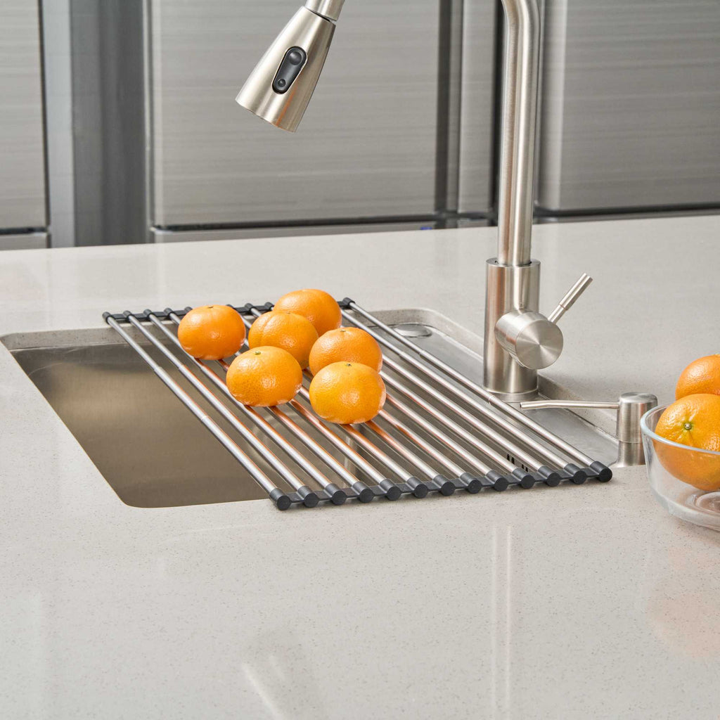 Clean Tek Professional Gray Stainless Steel Over-Sink Roll-Up Drying Rack - Extendable, Non-Slip - 15 3/4" x 9 1/2" - 12 count box