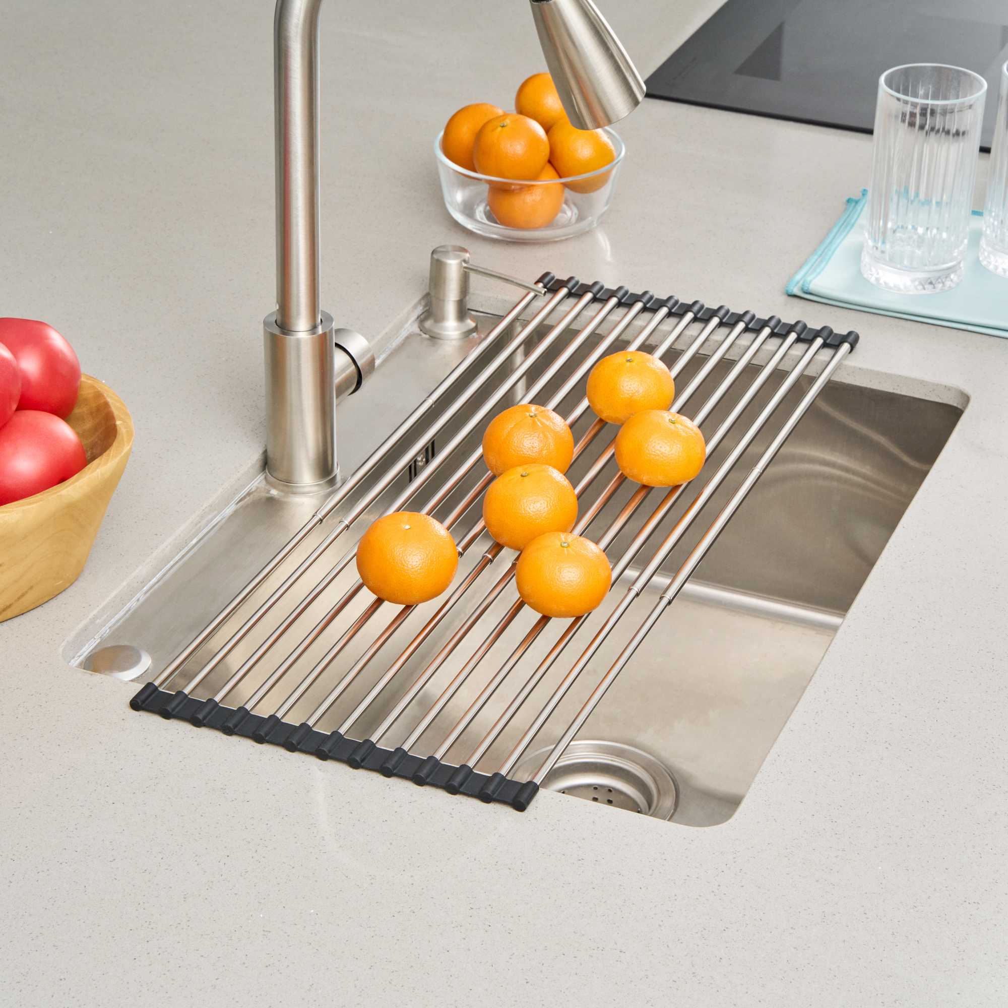 Clean Tek Professional Gray Stainless Steel Over-Sink Roll-Up Drying Rack - Extendable, Non-Slip - 15 3/4" x 9 1/2" - 12 count box