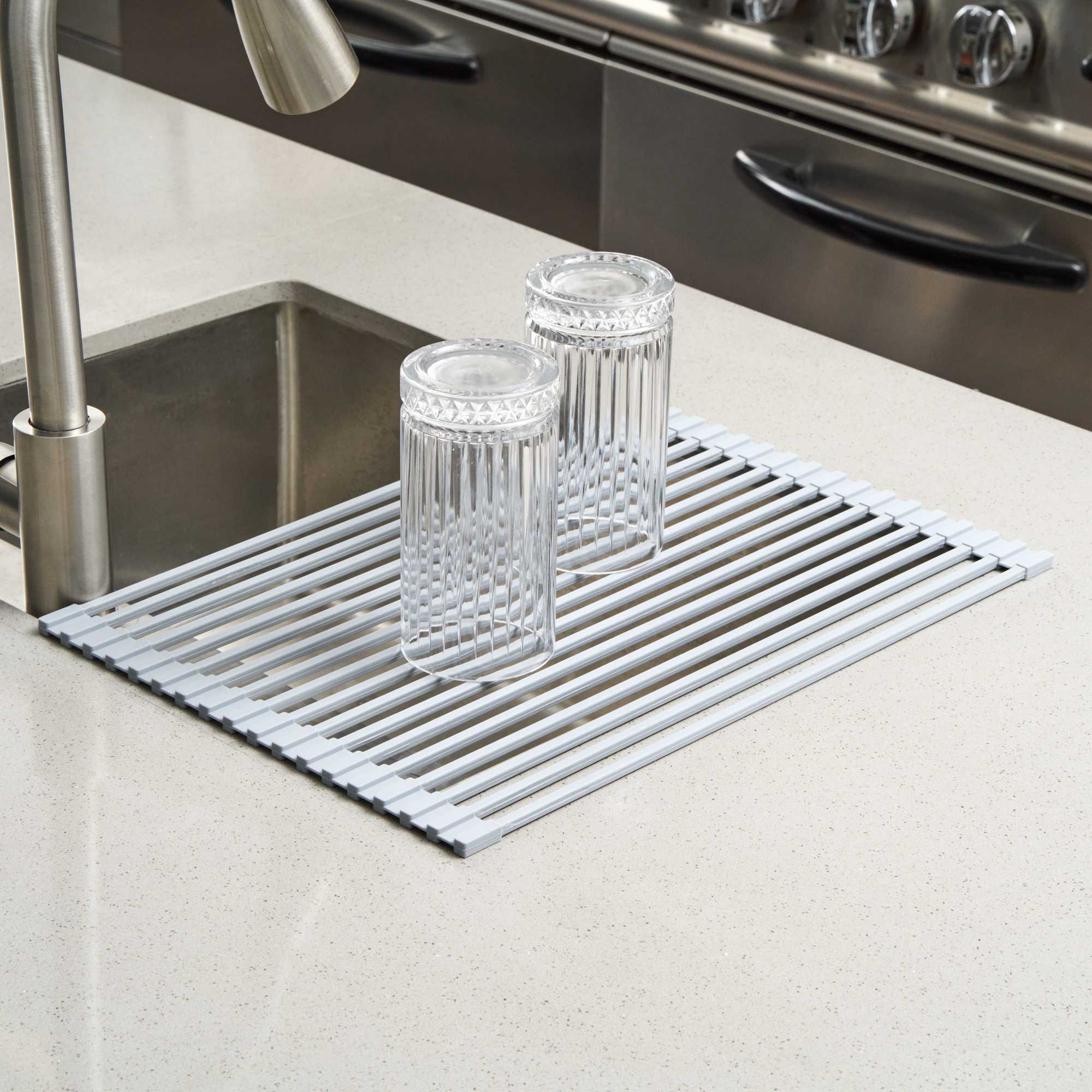 Clean Tek Professional Gray Steel Over-Sink Roll-Up Drying Rack - Non-Slip - 17" x 13" - 1 count box
