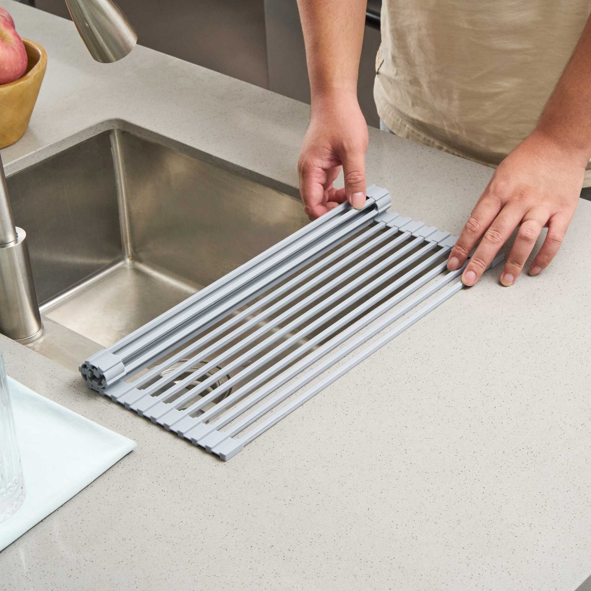 Clean Tek Professional Gray Steel Over-Sink Roll-Up Drying Rack - Non-Slip - 17" x 13" - 1 count box