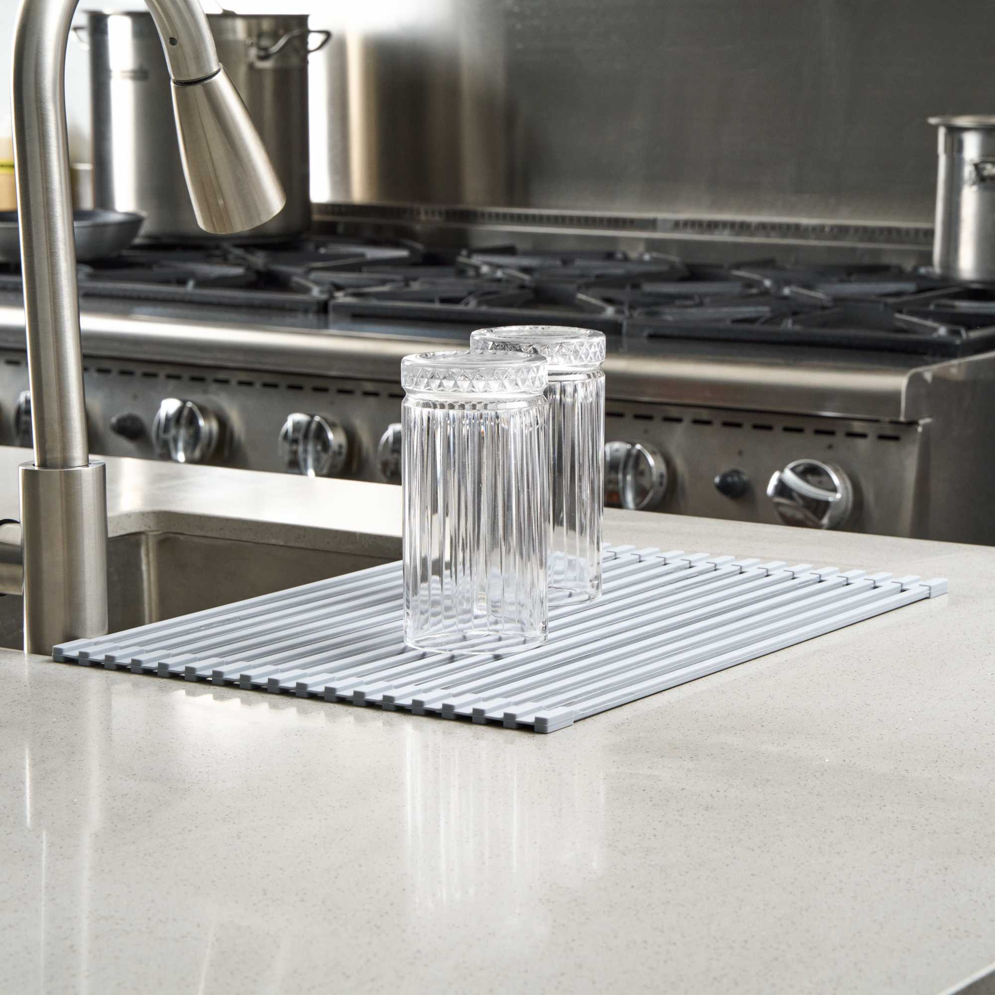 Clean Tek Professional Gray Steel Over-Sink Roll-Up Drying Rack - Non-Slip - 17" x 13" - 1 count box