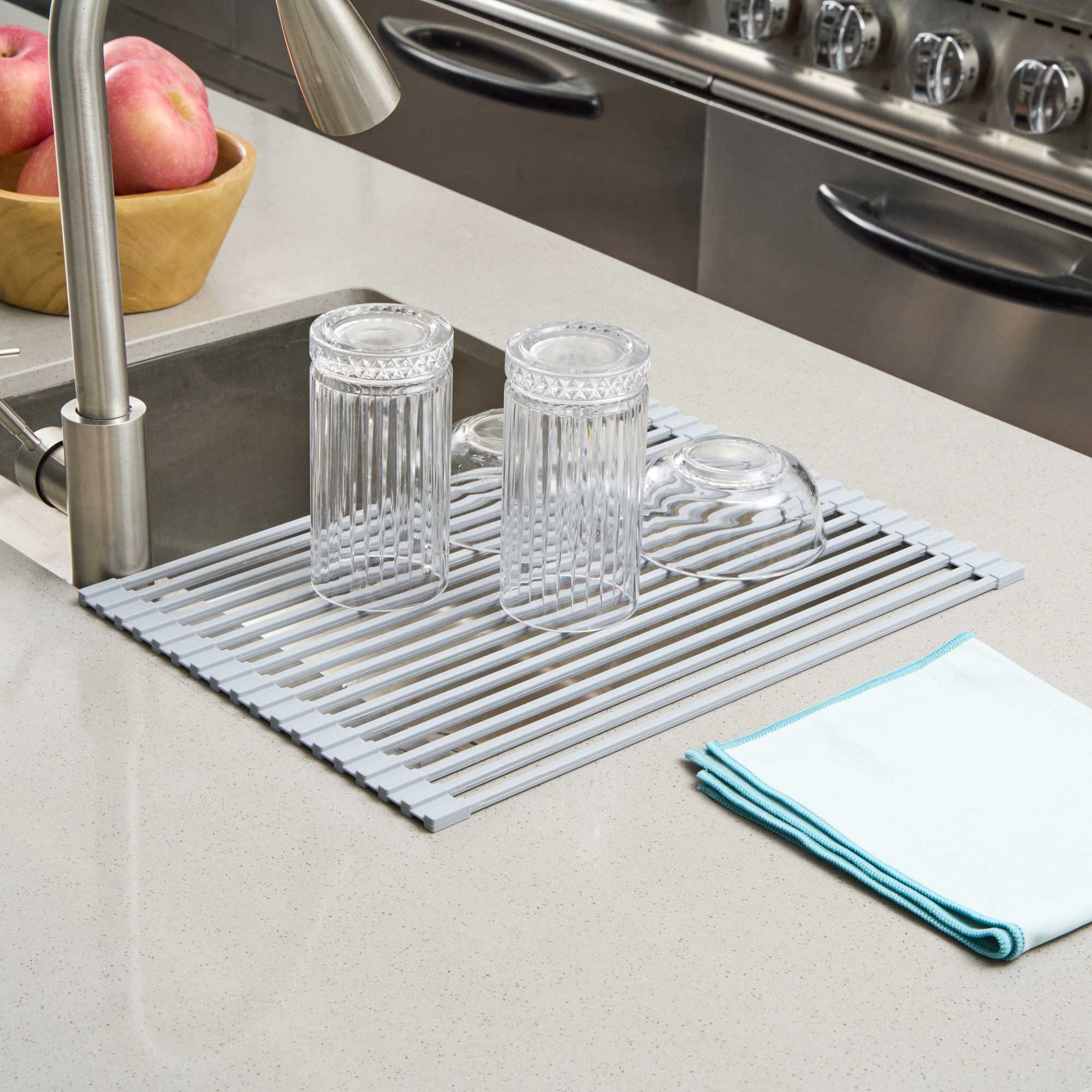Clean Tek Professional Gray Steel Over-Sink Roll-Up Drying Rack - Non-Slip - 17" x 13" - 12 count box