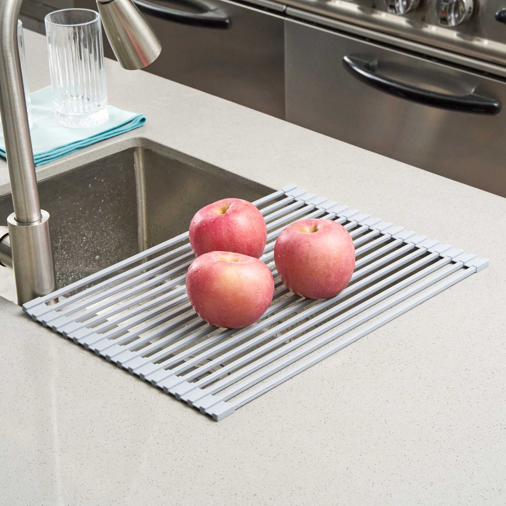 Clean Tek Professional Gray Steel Over-Sink Roll-Up Drying Rack - Non-Slip - 17" x 13" - 12 count box