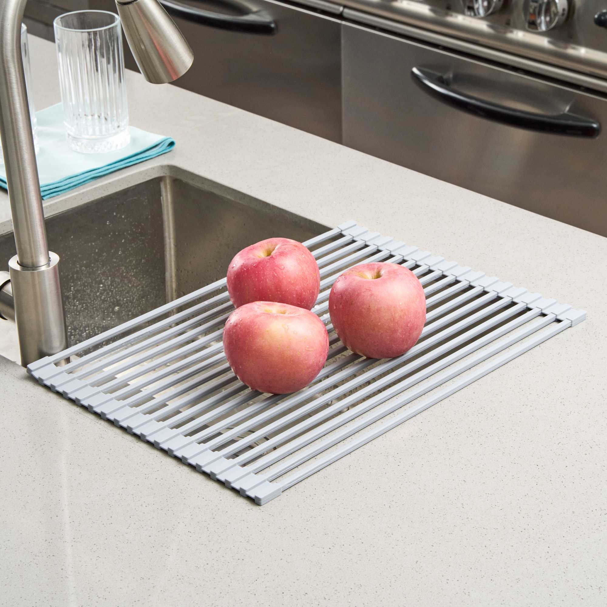 Clean Tek Professional Gray Steel Over-Sink Roll-Up Drying Rack - Non-Slip - 17" x 13" - 12 count box