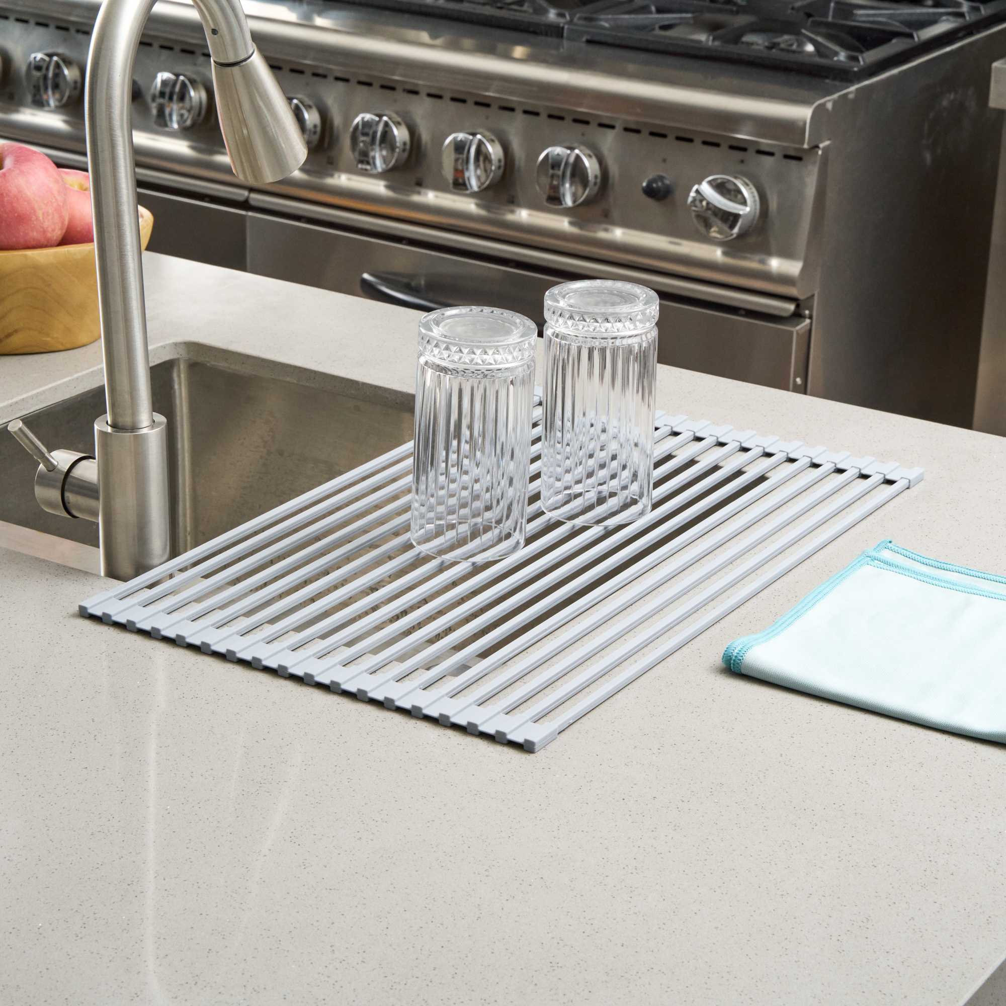Clean Tek Professional Gray Steel Over-Sink Roll-Up Drying Rack - Non-Slip - 20 1/2" x 13" - 12 count box
