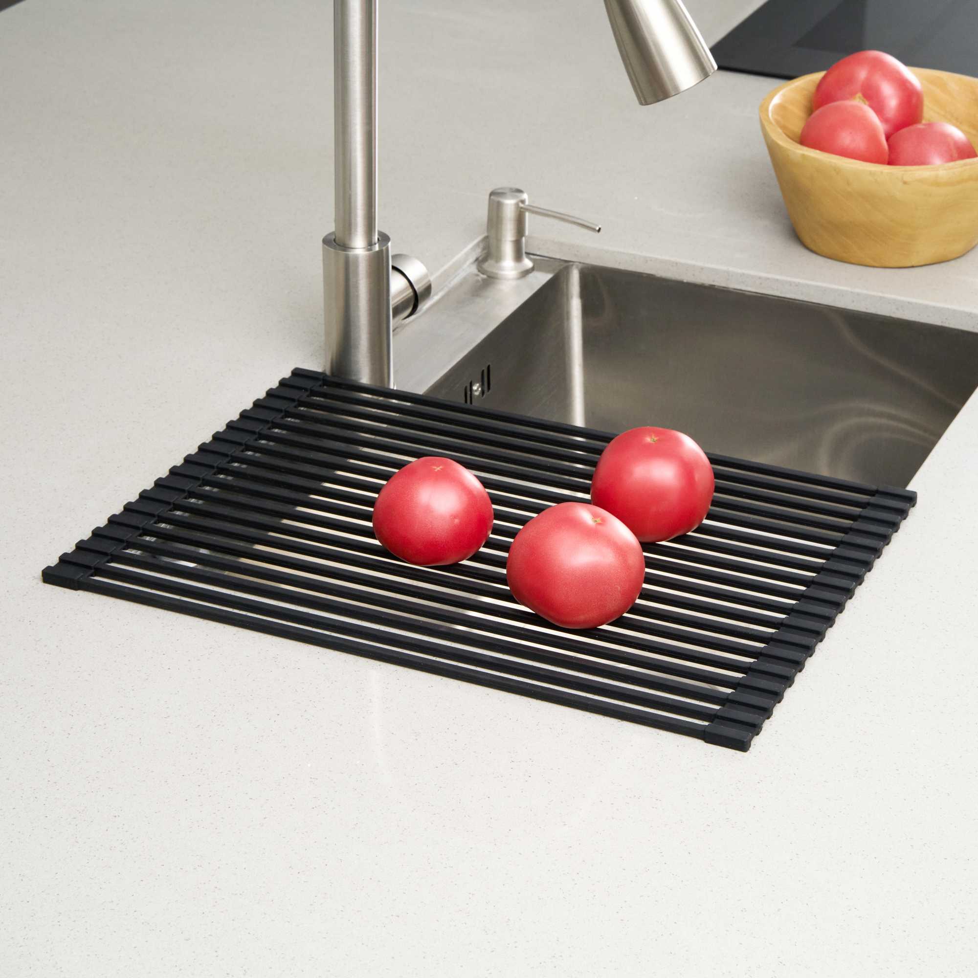Clean Tek Professional Black Steel Over-Sink Roll-Up Drying Rack - Non-Slip - 17" x 13" - 1 count box