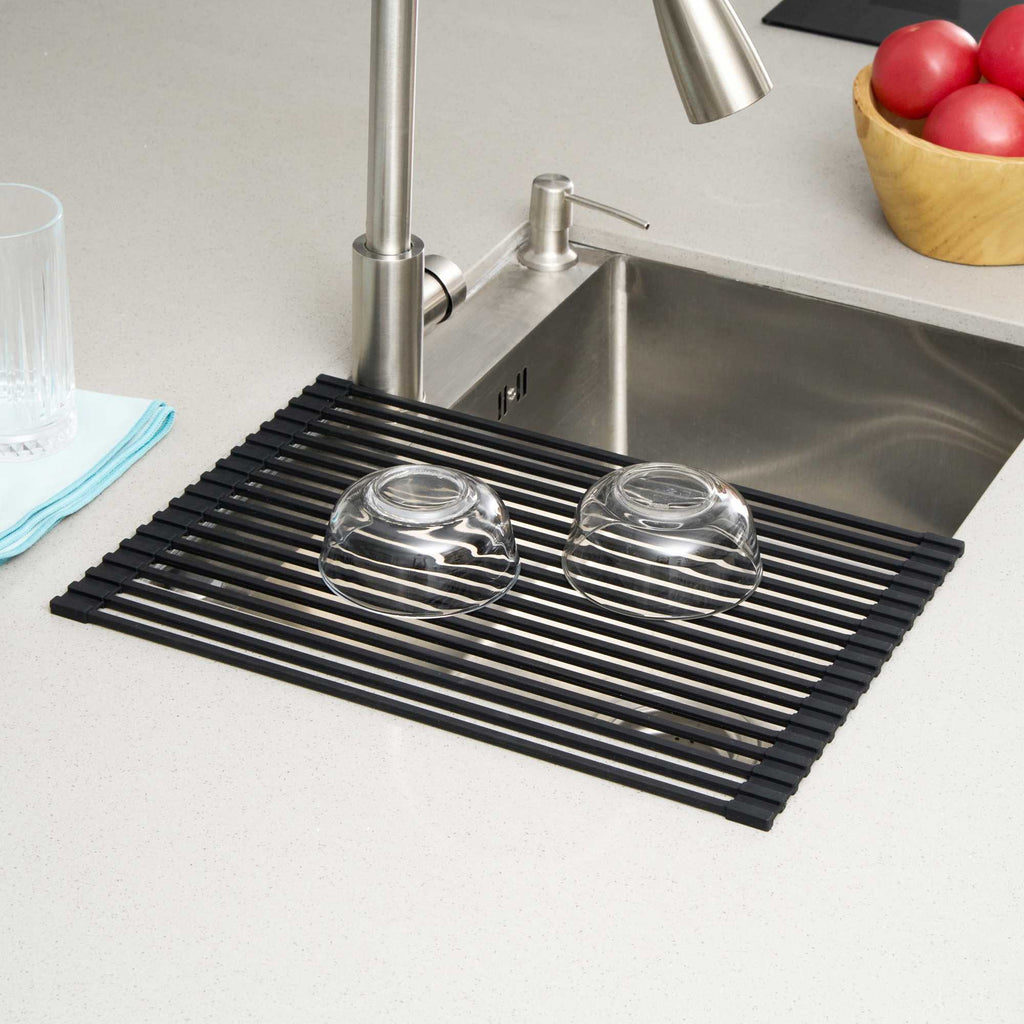 Clean Tek Professional Black Steel Over-Sink Roll-Up Drying Rack - Non-Slip - 17" x 13" - 12 count box