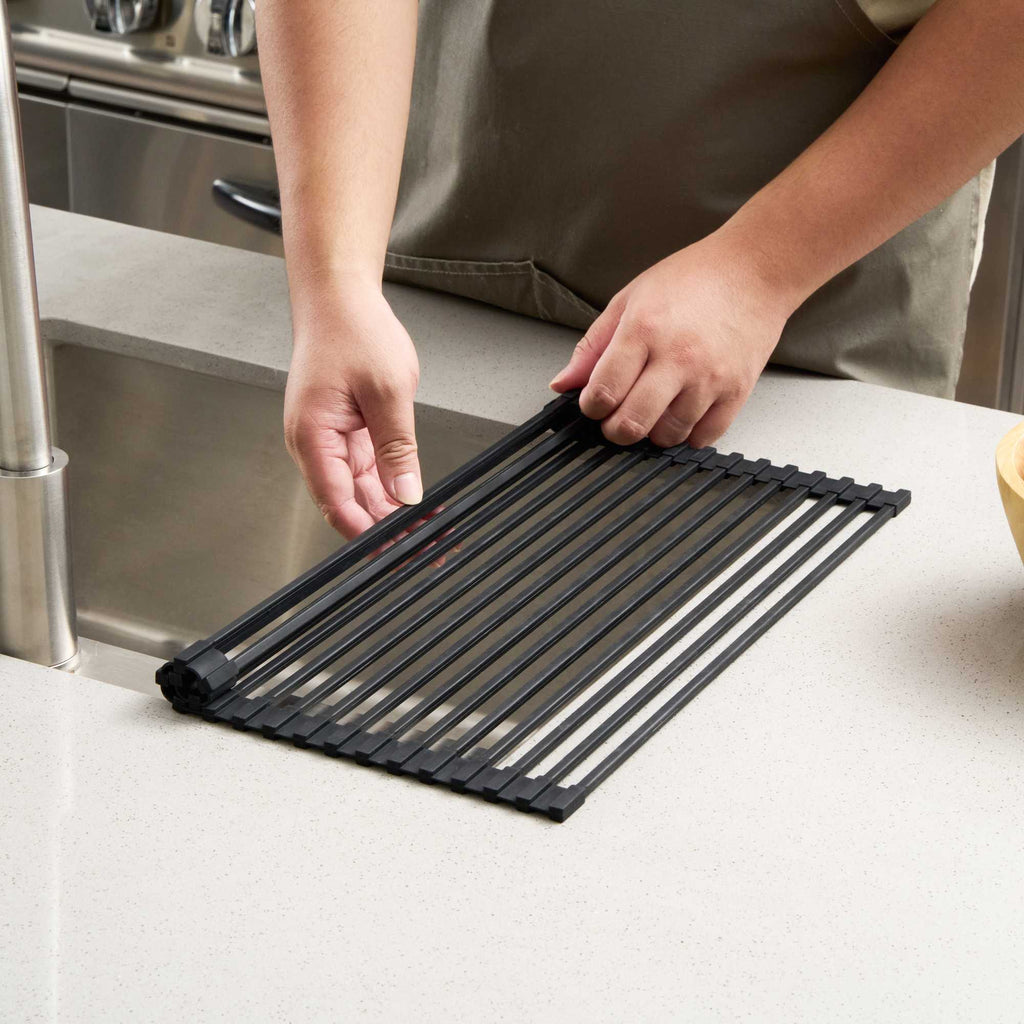 Clean Tek Professional Black Steel Over-Sink Roll-Up Drying Rack - Non-Slip - 17" x 13" - 12 count box