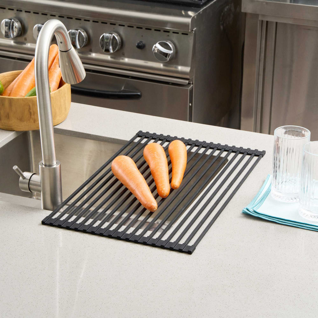 Clean Tek Professional Black Steel Over-Sink Roll-Up Drying Rack - Non-Slip - 20 1/2" x 13" - 1 count box