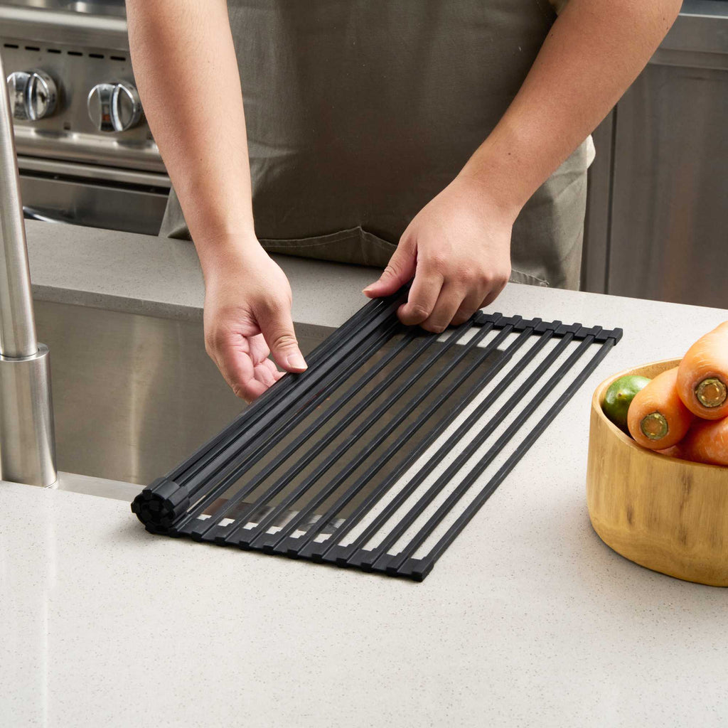 Clean Tek Professional Black Steel Over-Sink Roll-Up Drying Rack - Non-Slip - 20 1/2" x 13" - 12 count box