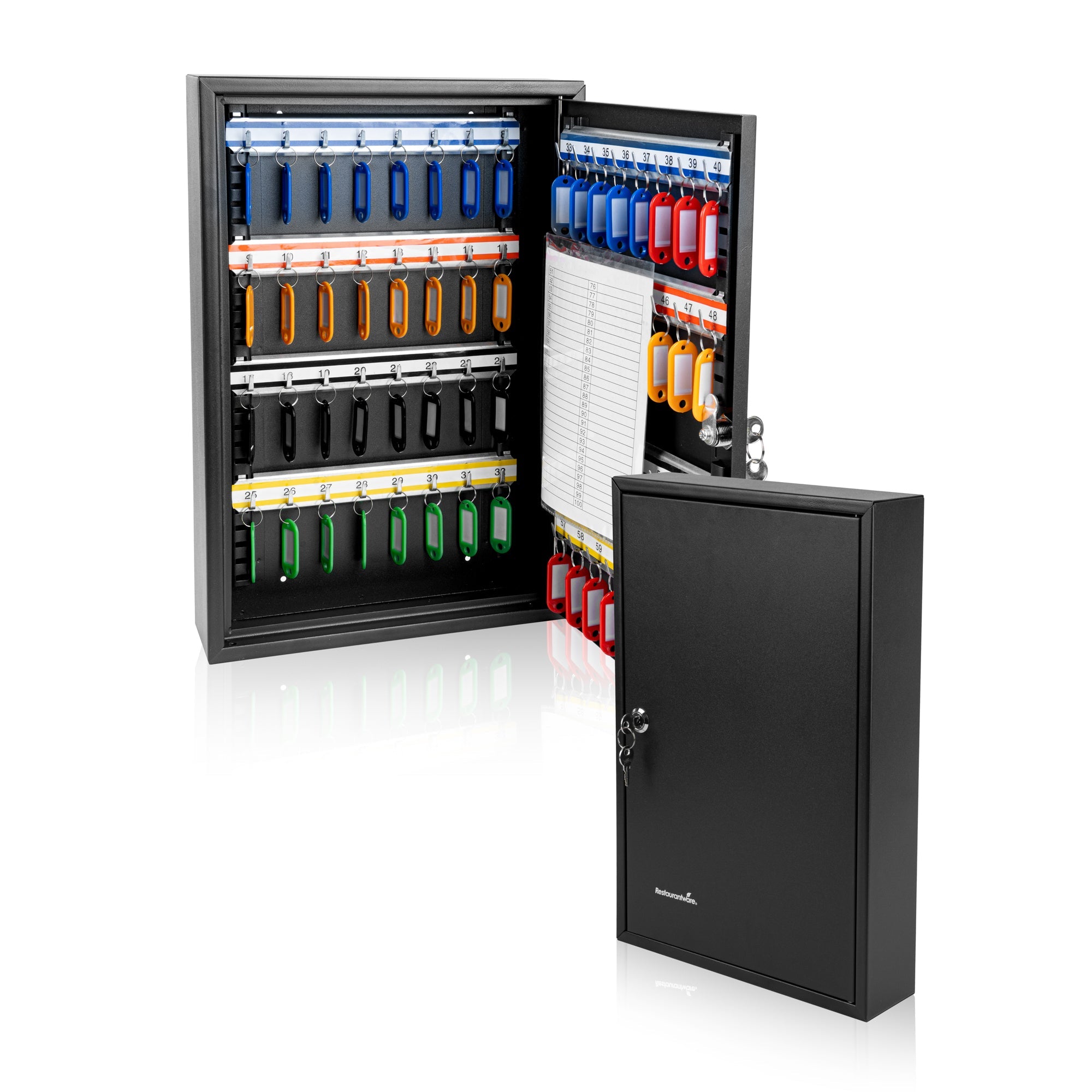Be Safe Black Steel Wall Mount Key Cabinet Safe - For 64 Keys, with Key Lock, Labeled Shelves and Key Tags - 17 3/4" x 11 3/4" - 1 count box