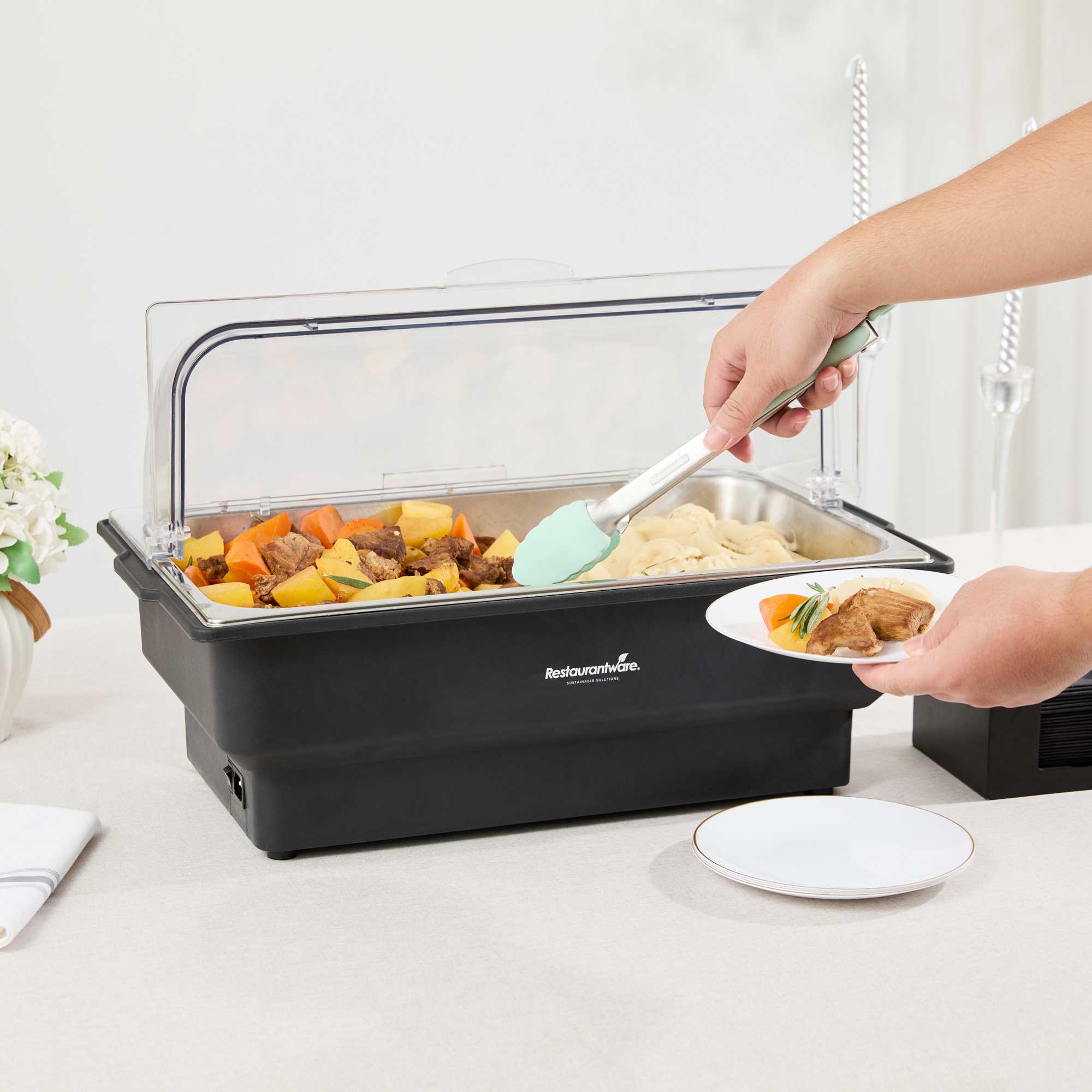 Cater Tek 14 qt Full Size Electric Water Pan / Warmer - Polycarbonate Roll Top Cover, Food Pan, 120V, 760W - 1 count box