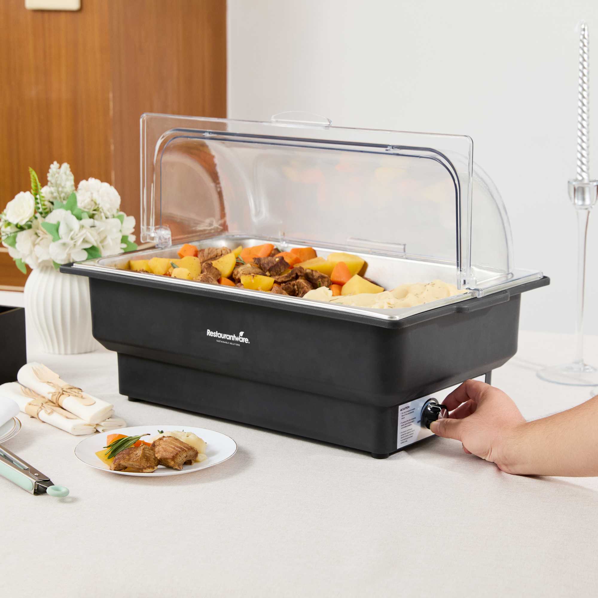 Cater Tek 14 qt Full Size Electric Water Pan / Warmer - Polycarbonate Roll Top Cover, Food Pan, 120V, 760W - 1 count box