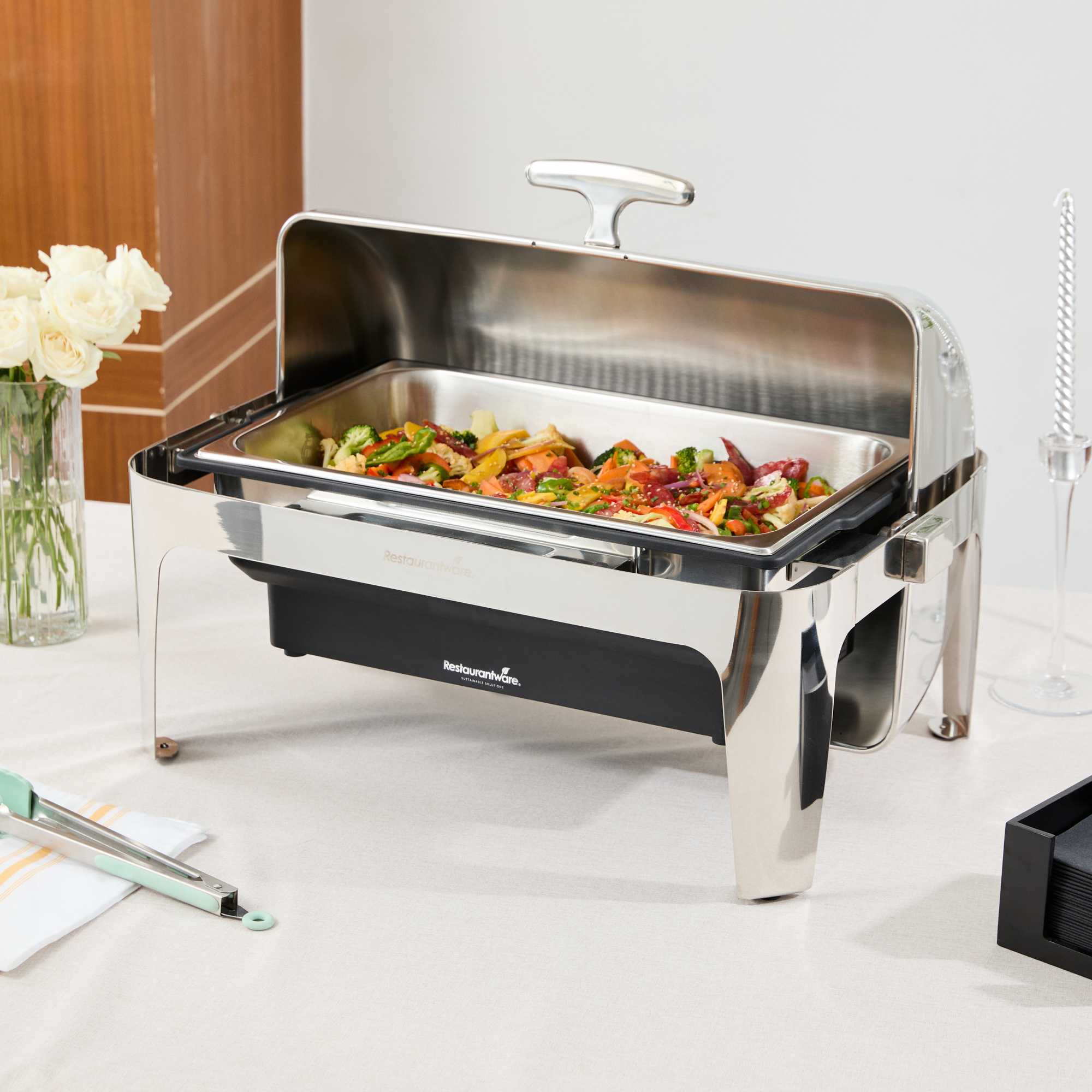 Cater Tek 14 qt Full Size Electric Chafer - Stainless Steel Roll Top Cover, Food Pan, Stand, 120V, 760W - 1 count box