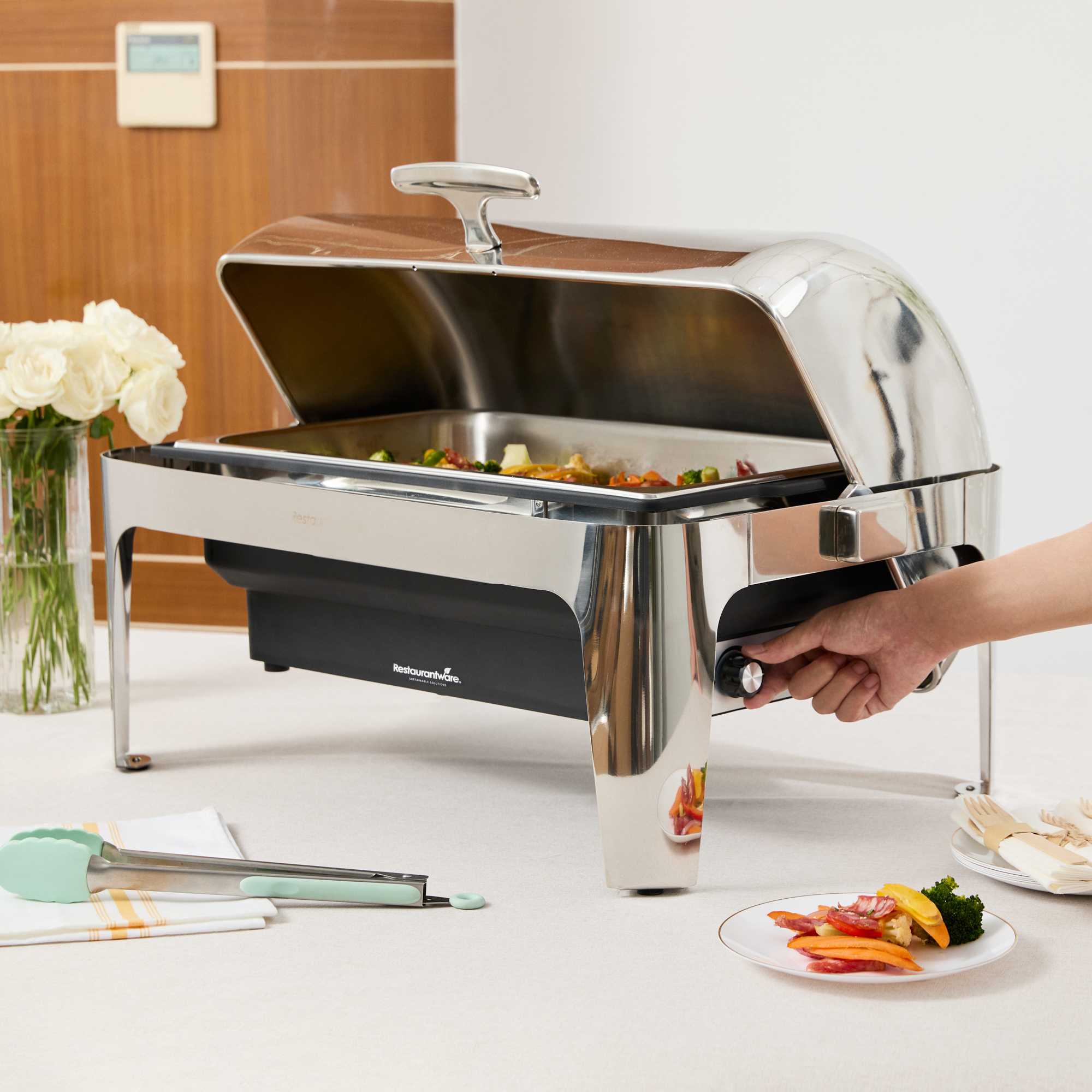 Cater Tek 14 qt Full Size Electric Chafer - Stainless Steel Roll Top Cover, Food Pan, Stand, 120V, 760W - 1 count box