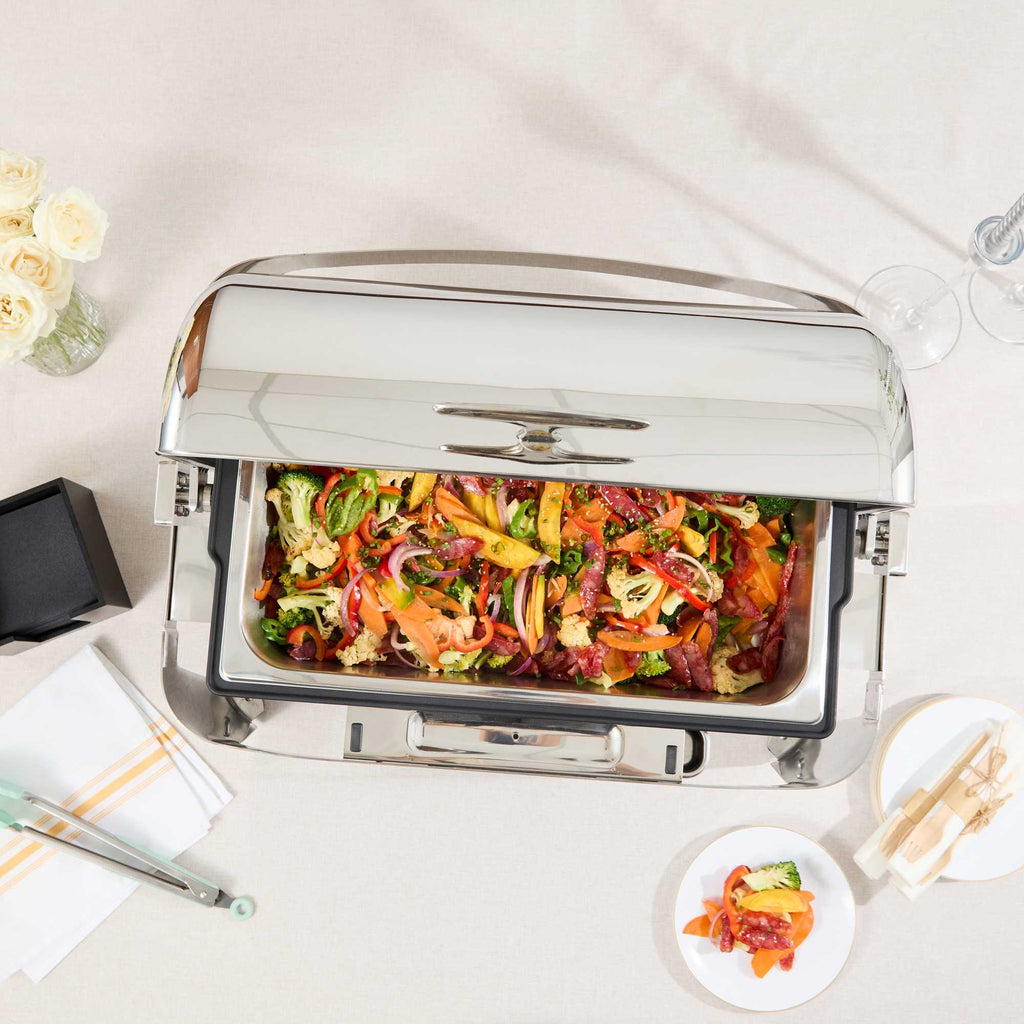 Cater Tek 14 qt Full Size Electric Chafer - Stainless Steel Roll Top Cover, Food Pan, Stand, 120V, 760W - 1 count box
