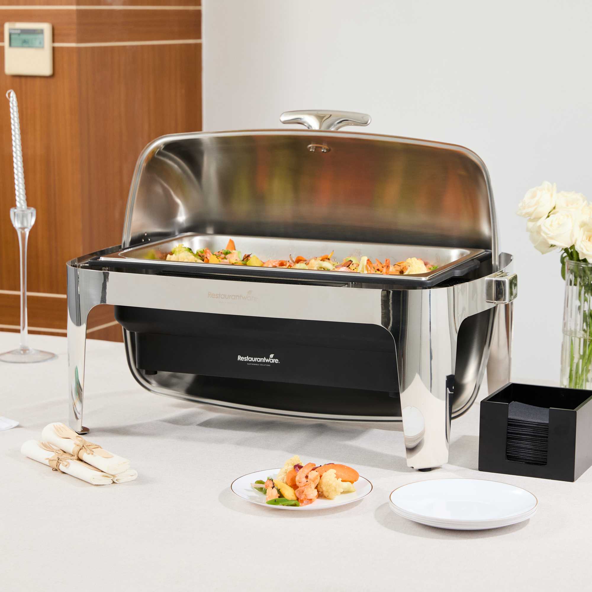 Cater Tek 9 qt Full Size Electric Chafer - Stainless Steel Roll Top Cover, Food Pan, Stand, 120V, 760W - 1 count box