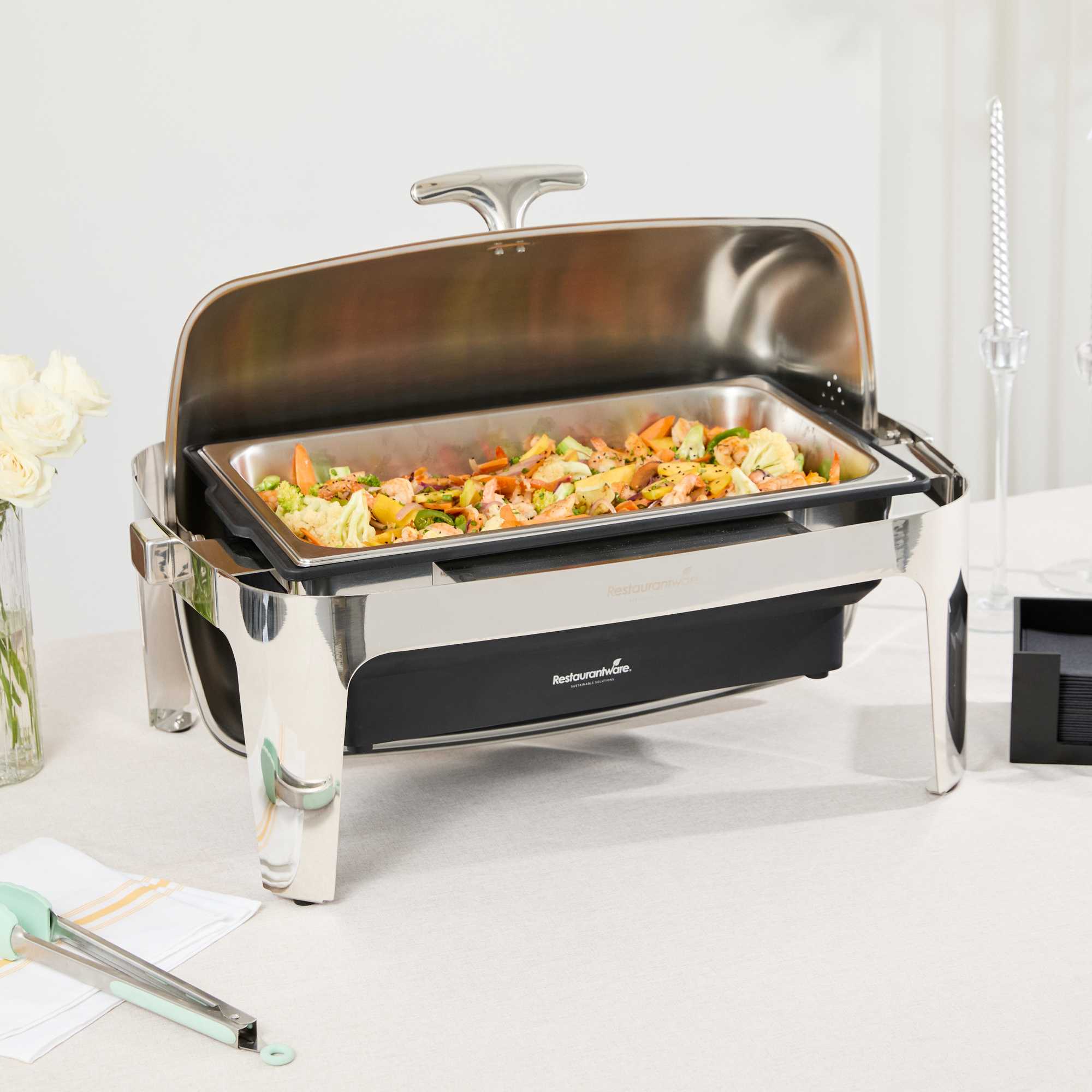 Cater Tek 9 qt Full Size Electric Chafer - Stainless Steel Roll Top Cover, Food Pan, Stand, 120V, 760W - 1 count box