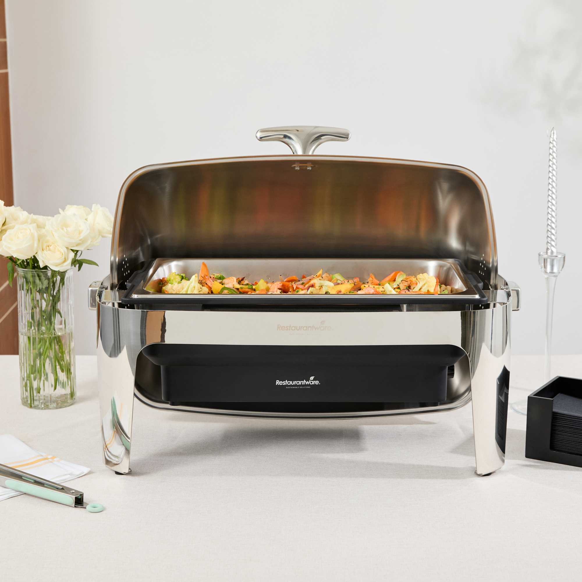 Cater Tek 9 qt Full Size Electric Chafer - Stainless Steel Roll Top Cover, Food Pan, Stand, 120V, 760W - 1 count box
