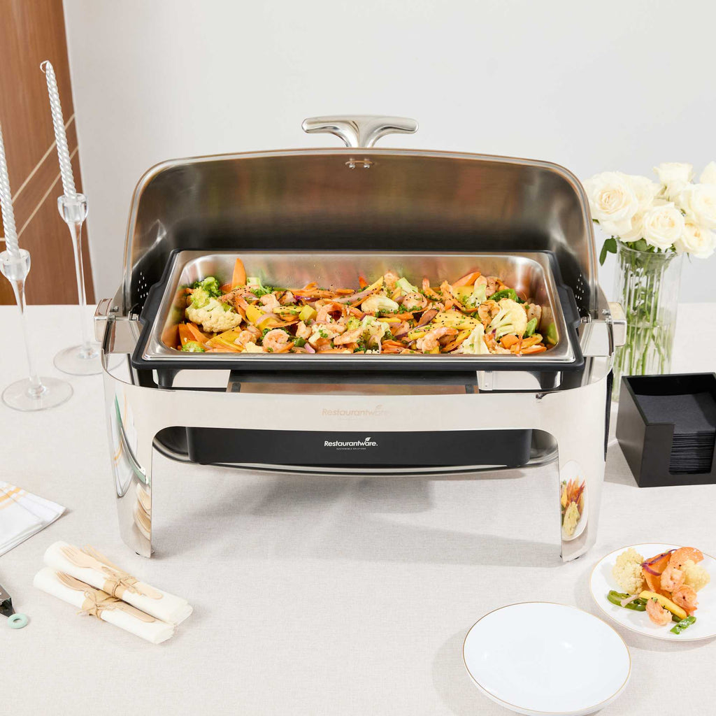 Cater Tek 9 qt Full Size Electric Chafer - Stainless Steel Roll Top Cover, Food Pan, Stand, 120V, 760W - 1 count box
