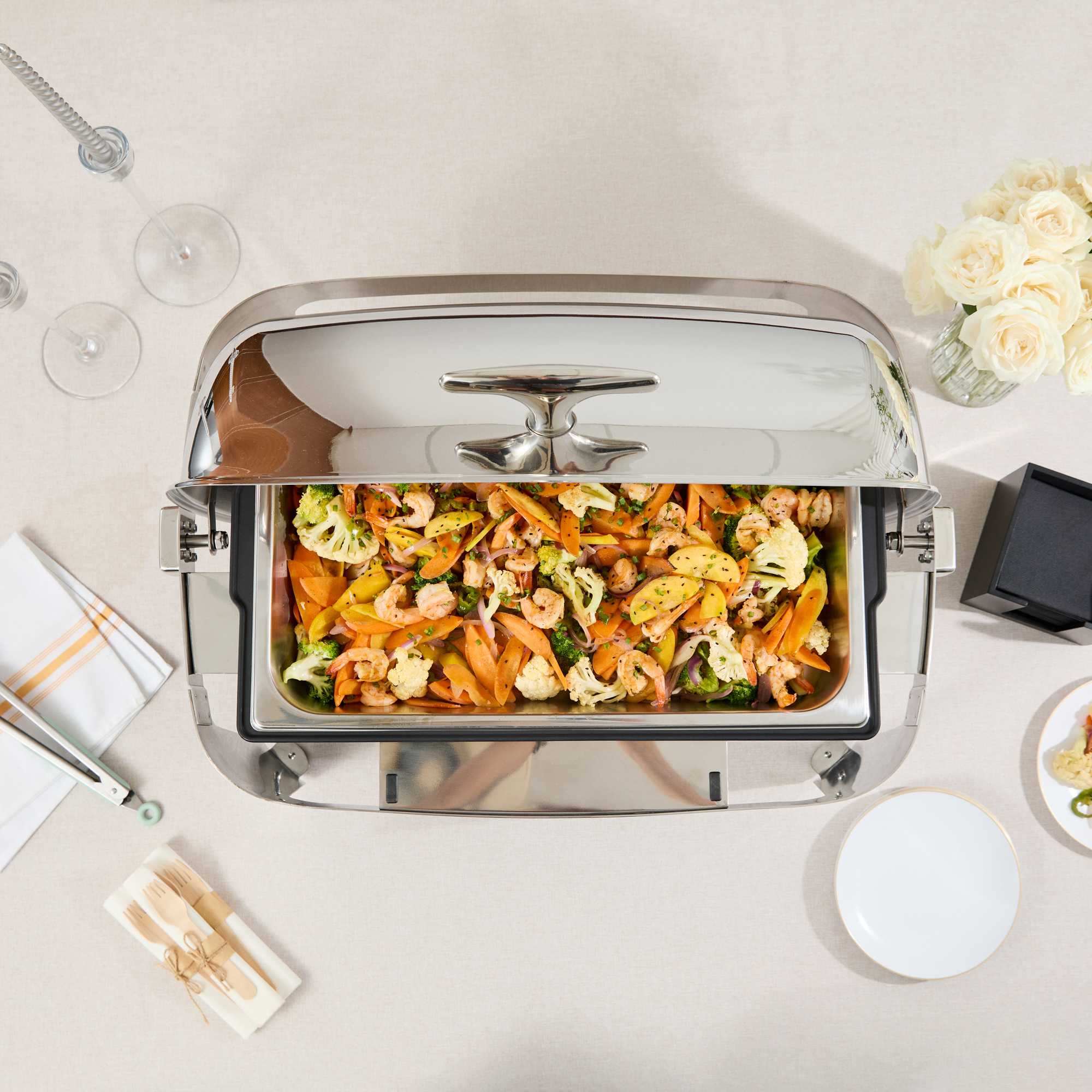 Cater Tek 9 qt Full Size Electric Chafer - Stainless Steel Roll Top Cover, Food Pan, Stand, 120V, 760W - 1 count box