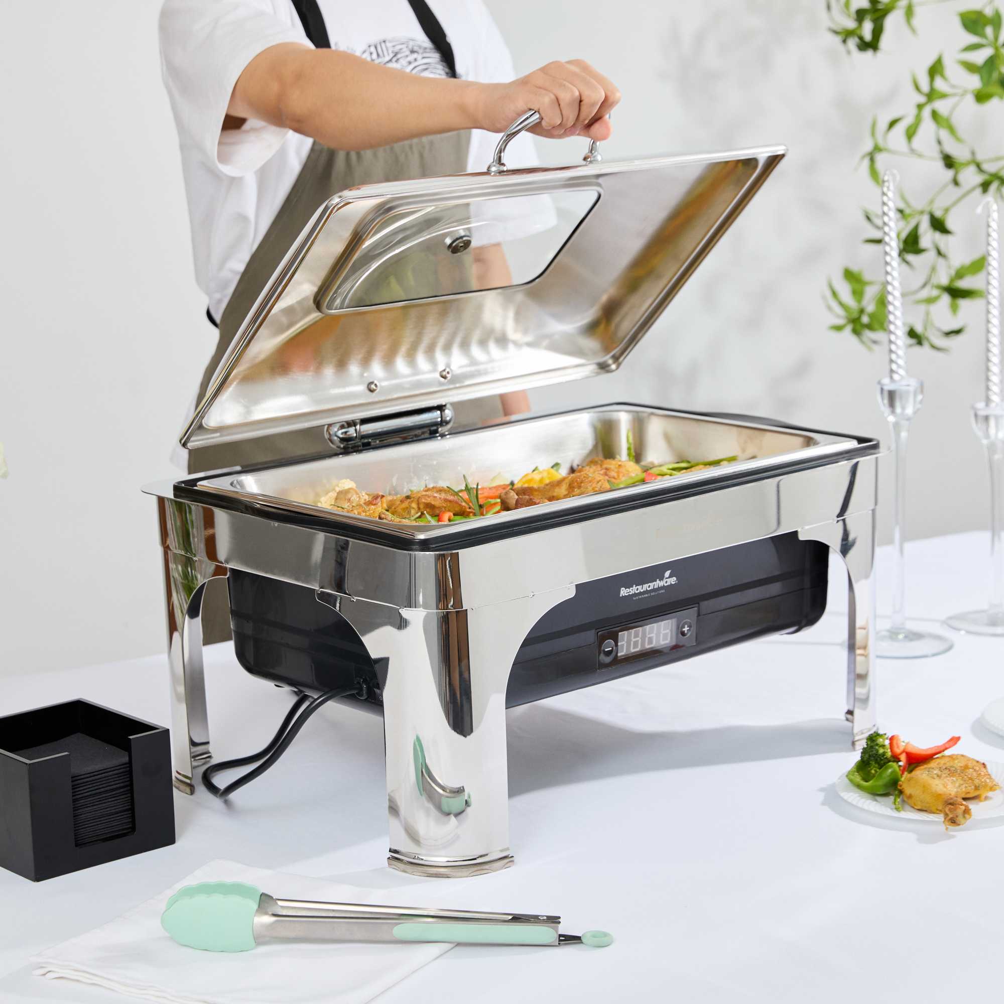 Cater Tek 14 qt Full Size Electric Chafer - Hinged Lid, Food Pan, Stand, Digital Temperature Control, 120V, 760W - 1 count box