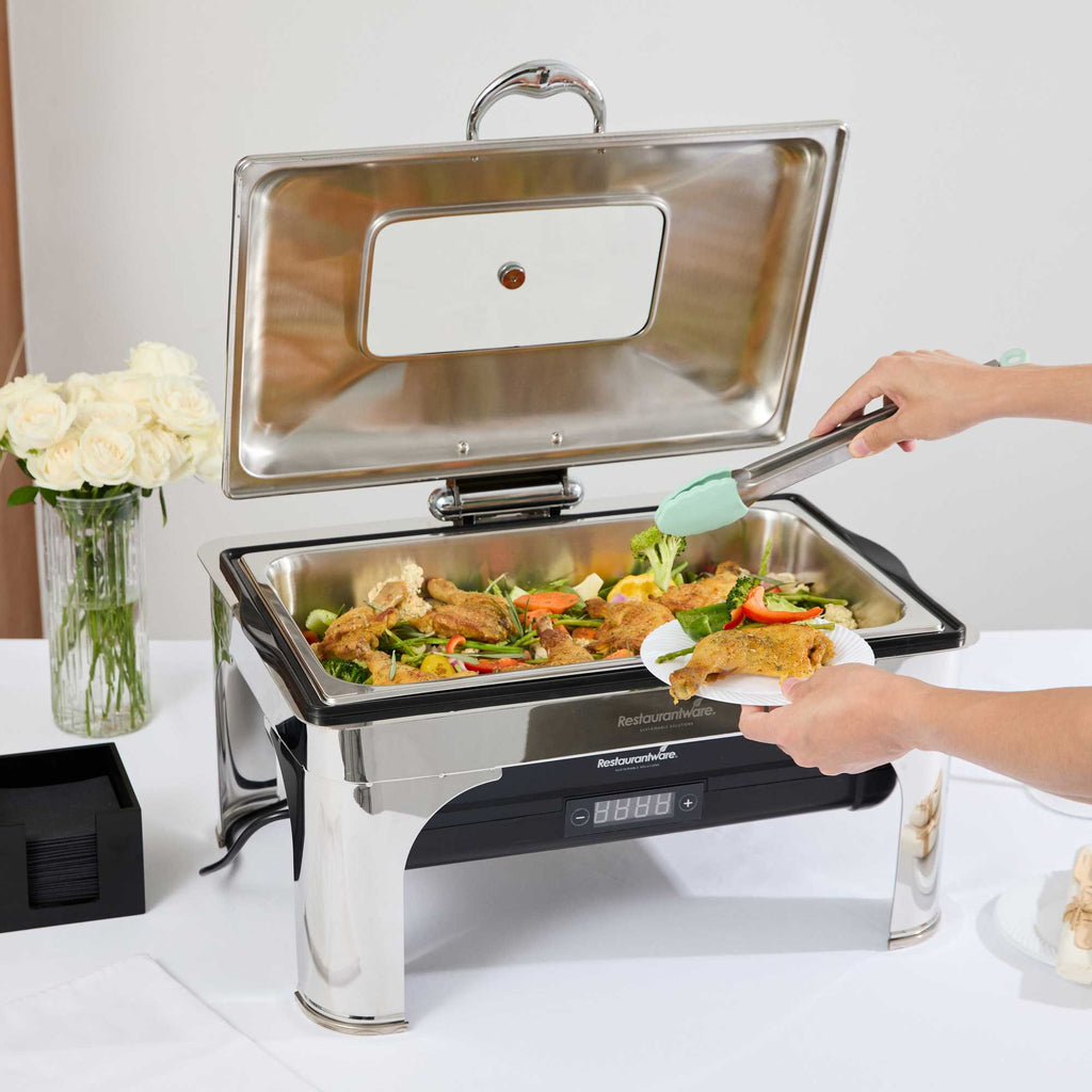 Cater Tek 14 qt Full Size Electric Chafer - Hinged Lid, Food Pan, Stand, Digital Temperature Control, 120V, 760W - 1 count box