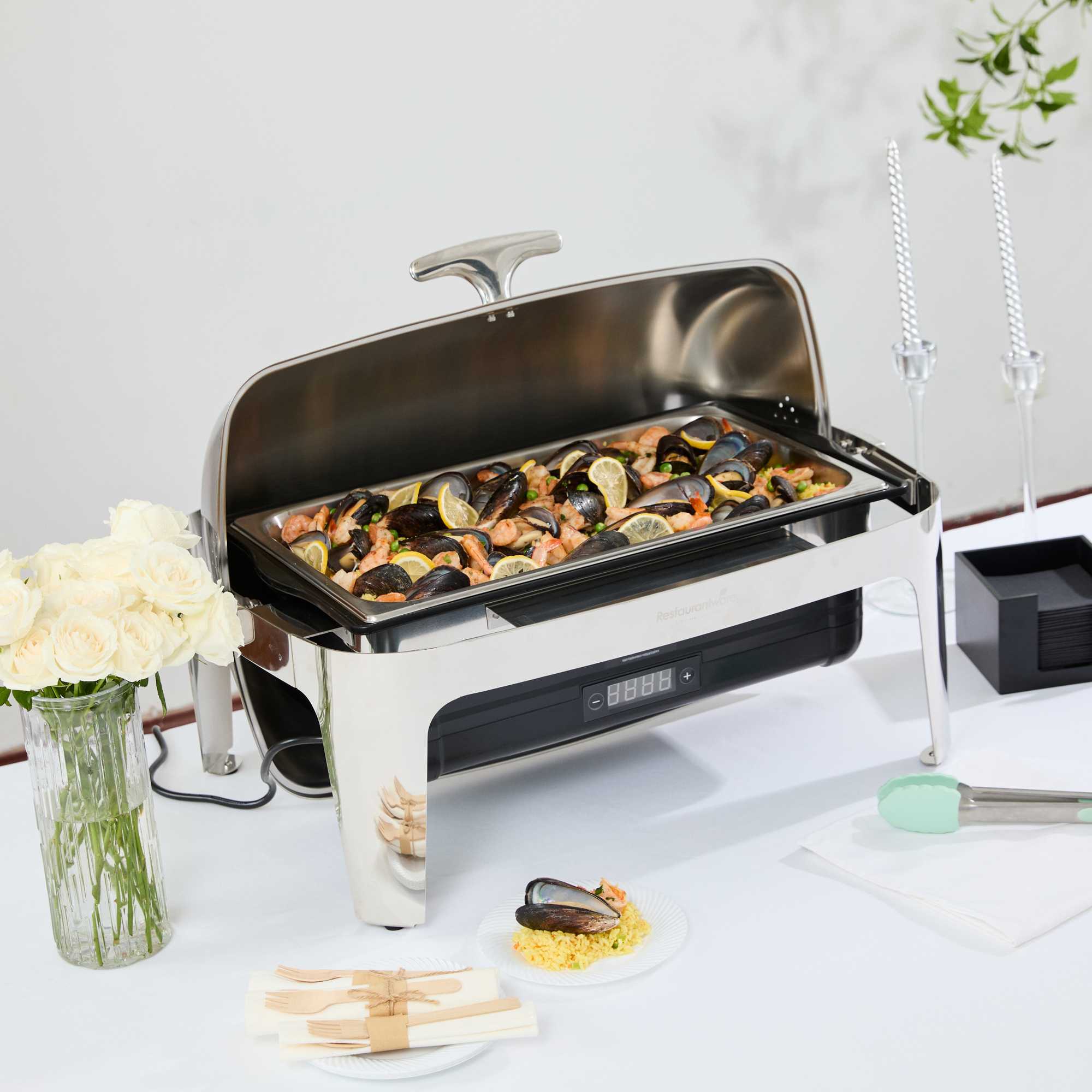 Cater Tek 14 qt Full Size Electric Chafer - Roll Top Cover, Food Pan, Stand, Digital Temperature Control, 120V, 760W - 1 count box