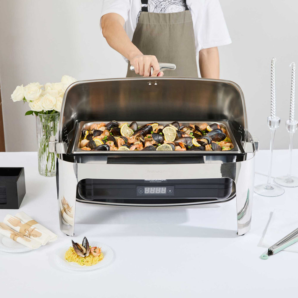 Cater Tek 14 qt Full Size Electric Chafer - Roll Top Cover, Food Pan, Stand, Digital Temperature Control, 120V, 760W - 1 count box