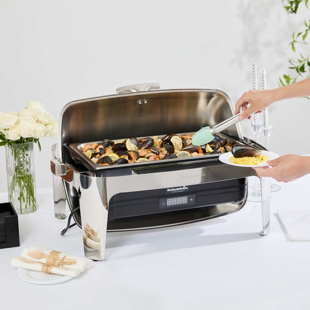 Cater Tek 14 qt Full Size Electric Chafer - Roll Top Cover, Food Pan, Stand, Digital Temperature Control, 120V, 760W - 1 count box