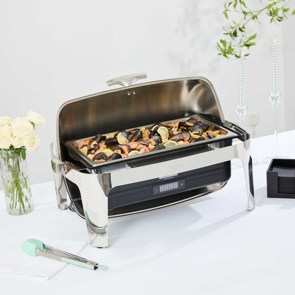 Cater Tek 14 qt Full Size Electric Chafer - Roll Top Cover, Food Pan, Stand, Digital Temperature Control, 120V, 760W - 1 count box