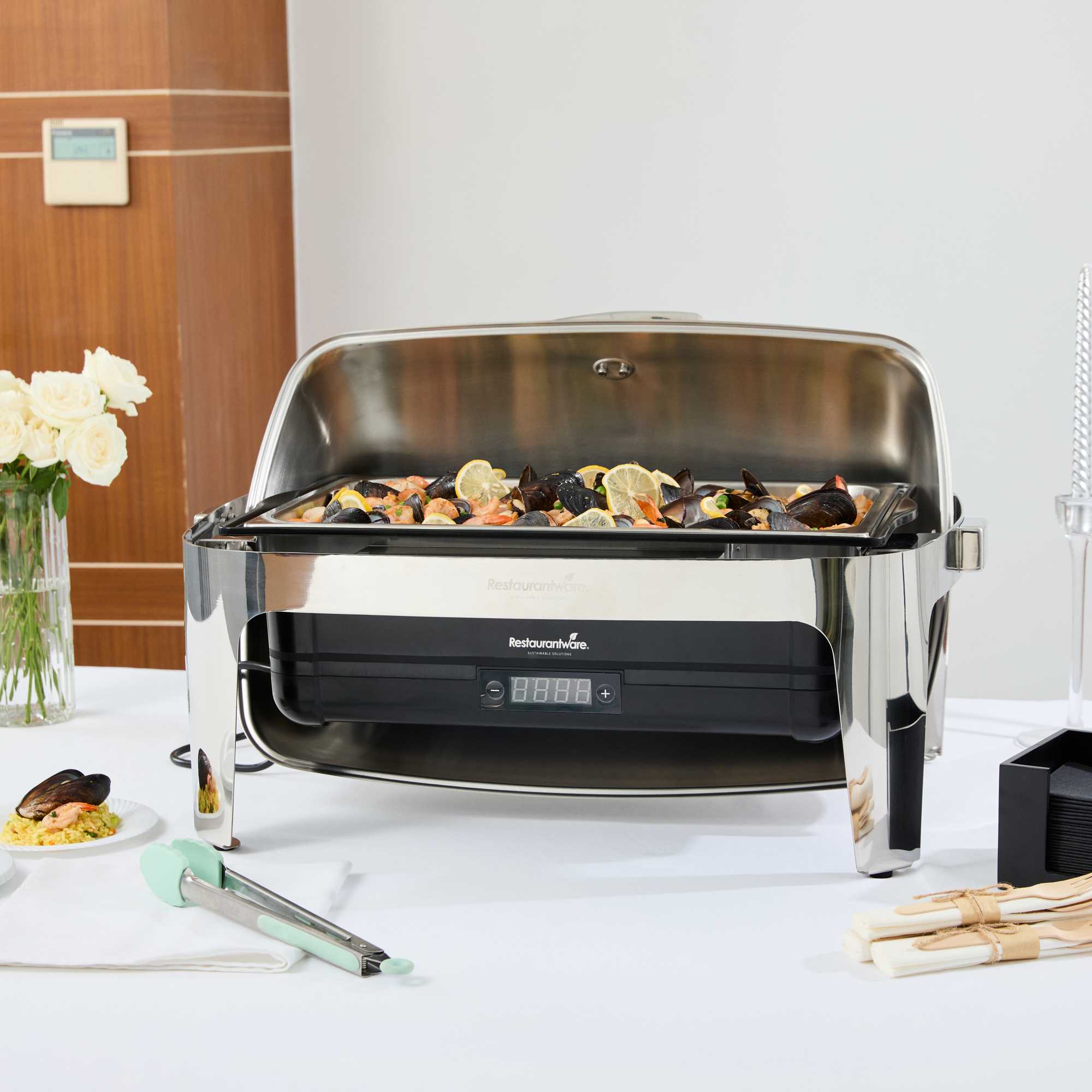 Cater Tek 14 qt Full Size Electric Chafer - Roll Top Cover, Food Pan, Stand, Digital Temperature Control, 120V, 760W - 1 count box