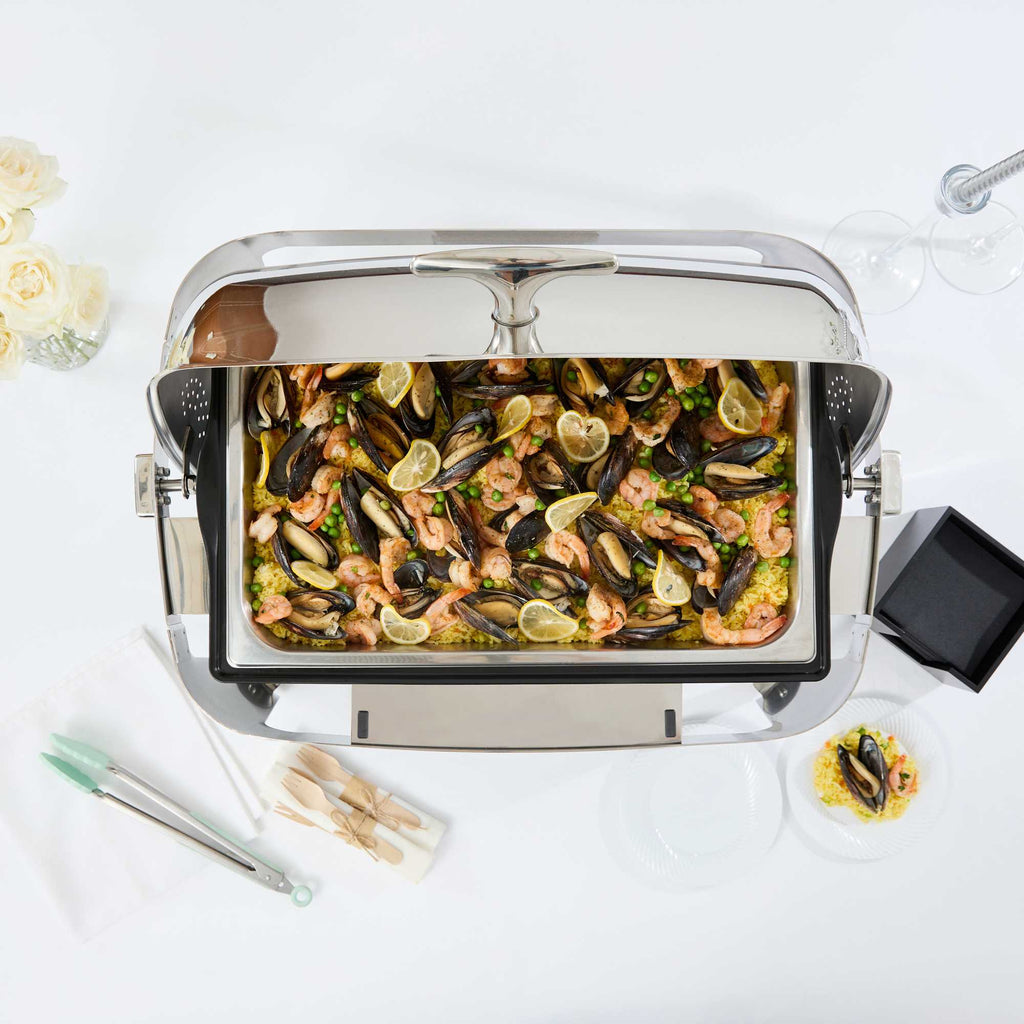 Cater Tek 14 qt Full Size Electric Chafer - Roll Top Cover, Food Pan, Stand, Digital Temperature Control, 120V, 760W - 1 count box