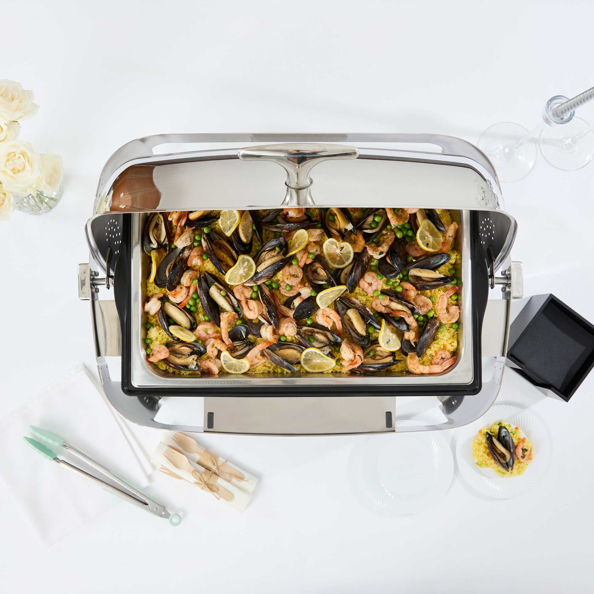 Cater Tek 14 qt Full Size Electric Chafer - Roll Top Cover, Food Pan, Stand, Digital Temperature Control, 120V, 760W - 1 count box