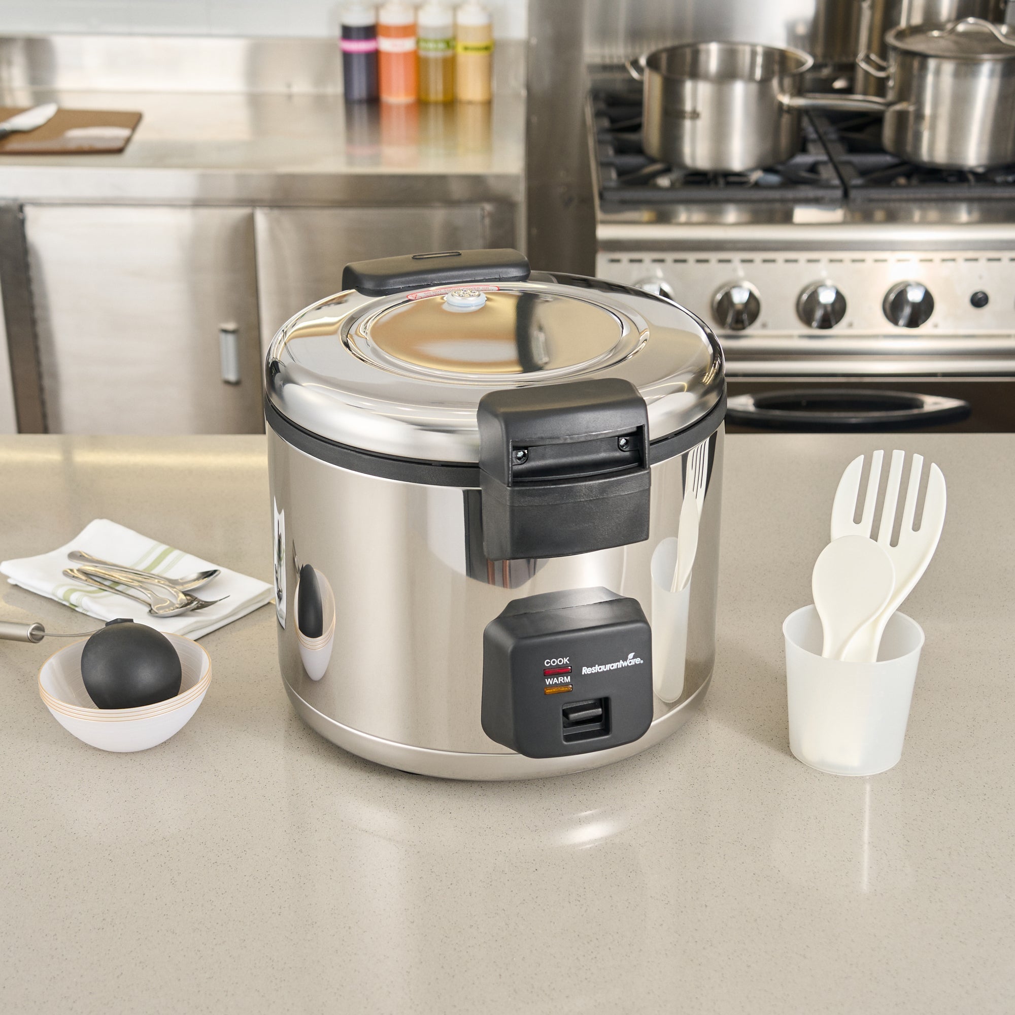 Kitchen Tek 70 Cup (35 Cup Raw) Steel Electric Rice Cooker / Warmer - with Hinged Lid, 110-120V, 1650W - 1 count box