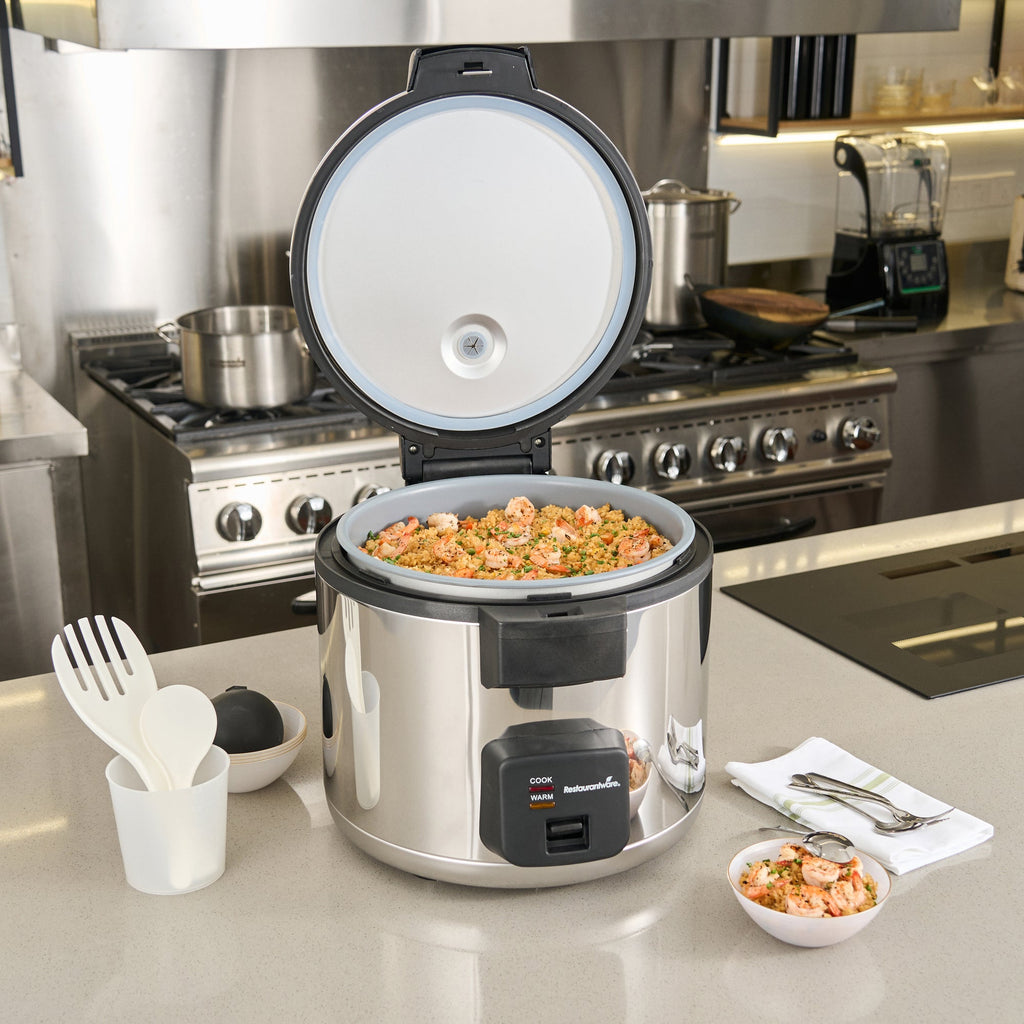Kitchen Tek 70 Cup (35 Cup Raw) Steel Electric Rice Cooker / Warmer - with Hinged Lid, 110-120V, 1650W - 1 count box