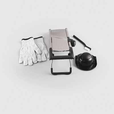 German Standard Stainless Steel Heavy-Duty Adjustable Mandoline Slicer - Cut-Resistant Gloves, Cleaning Brush, Blade Guard - 1 count box